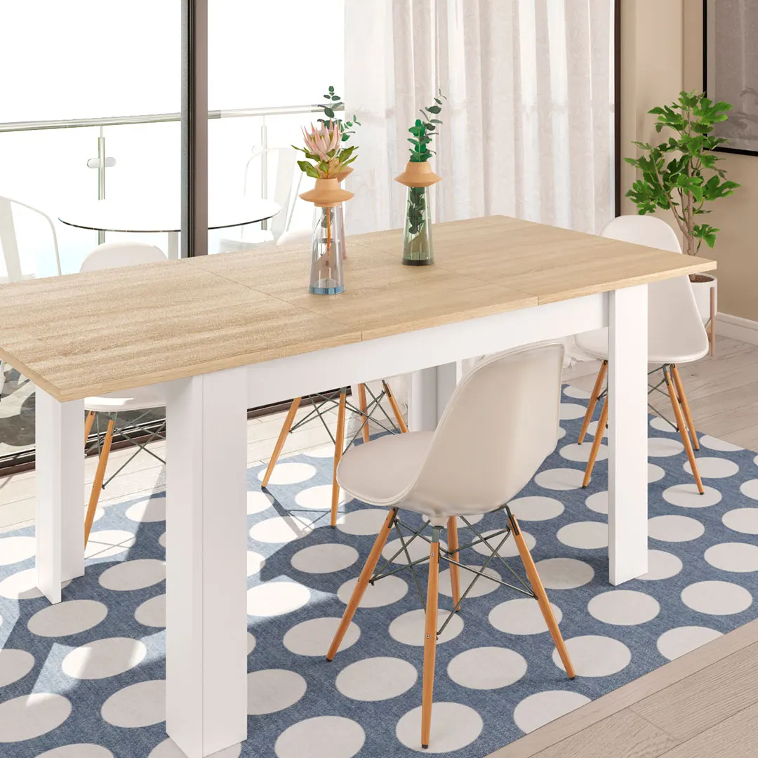 Habitdesign Blanco Mesa Comedor Extensible 78X140x90 Cm Roble Canadian/ Artik