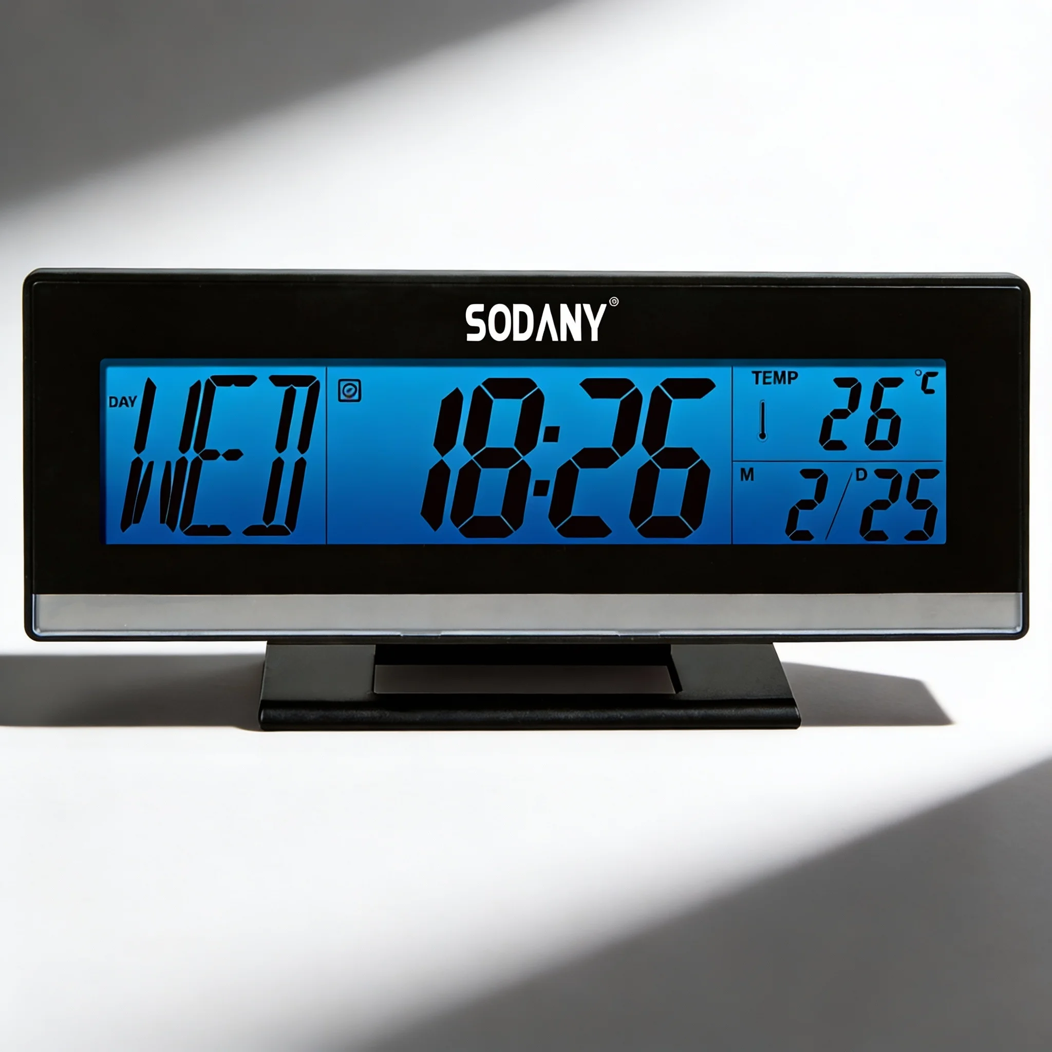 SODANY Reloj Despertador Digital LCD con Sensor de Sonido, Luz de Fondo Automática, Alarma, Calendario y Temperatura