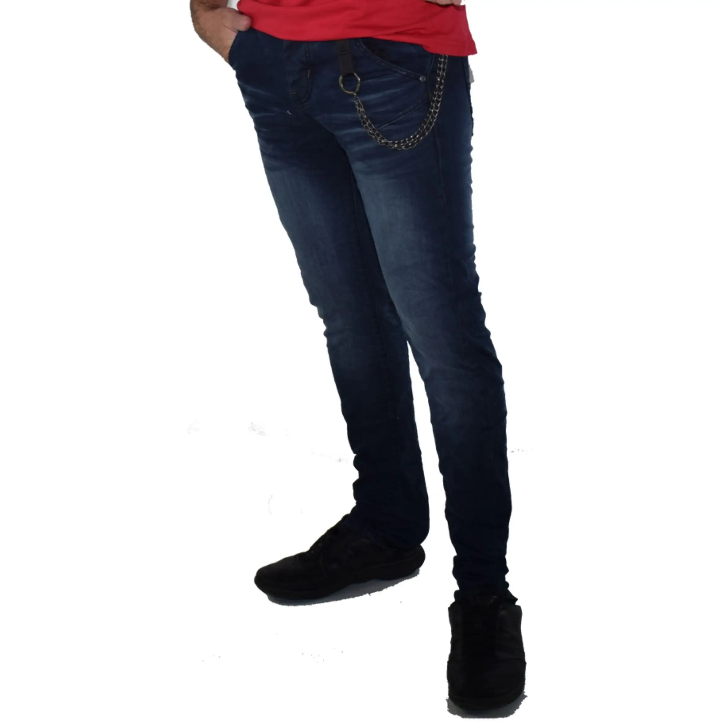 Koroshi - Pantalón vaquero hombre Koroshi Azul Oscuro low rise slim con cadena extraíble, denim elástico 98% algodón y 2% elastano, lavado desgastado y arrugado