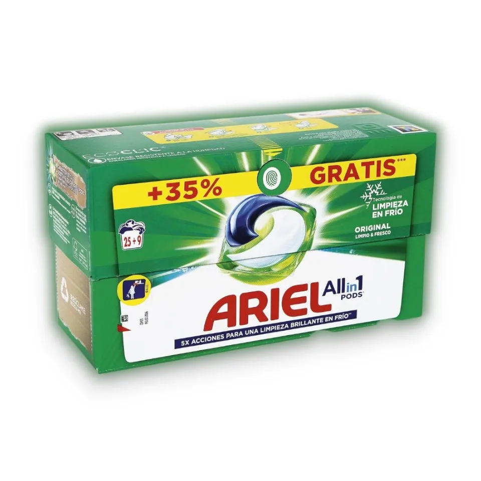 Pack 4 boxes ARIEL all in 1 Pods Original 25 + 9 washed + 35% free ARIEL PODS detergent in capsules for washing machine.