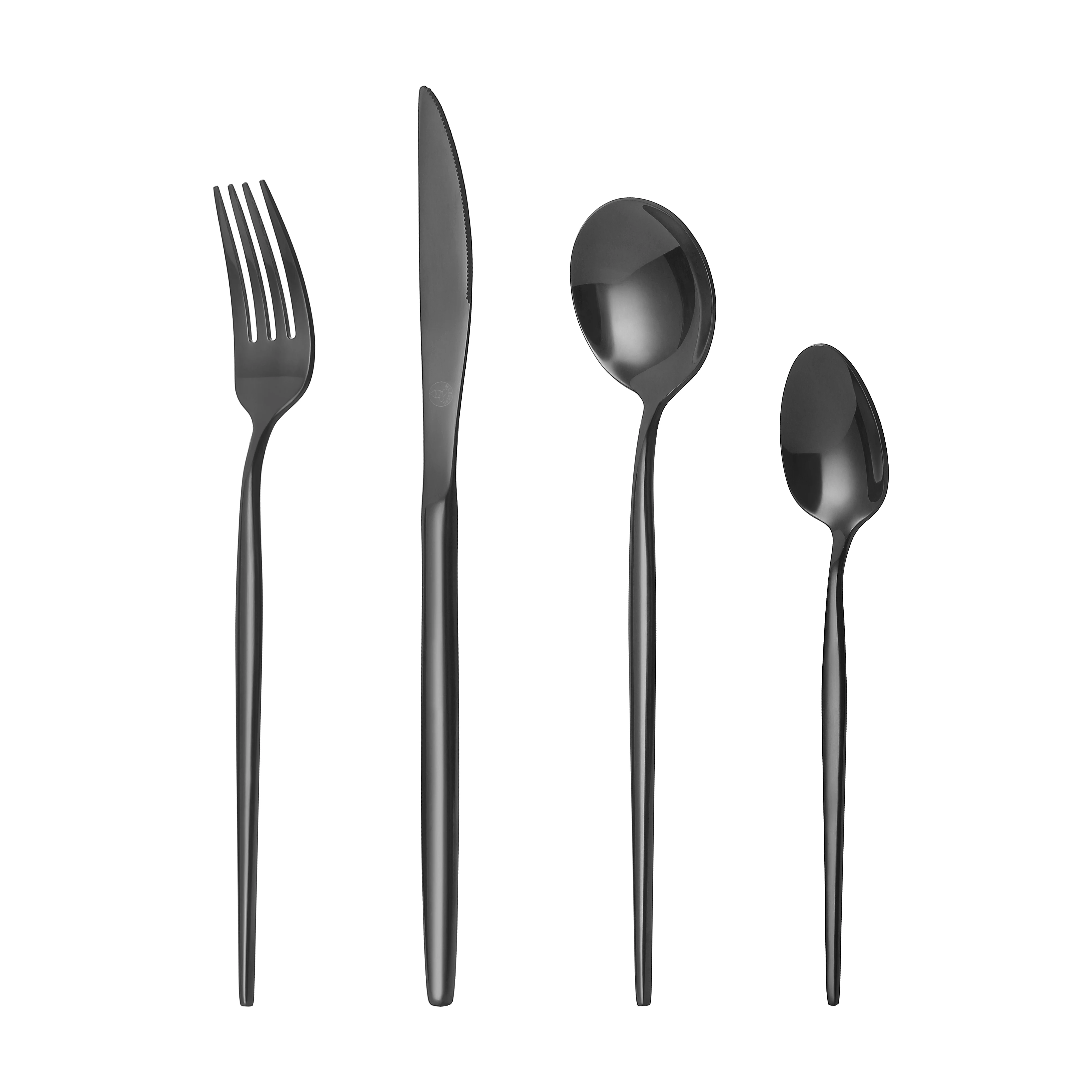 Mr.Spoon Juego 24 piezas cubiertos,Acero inoxidable 18/0,Color Negro brillo,Incluye cuchillo,tenedor,cuchara,cucharilla,Cubertería,Servicio para 6 Personas,Apto para lavavajillas,Ideas de