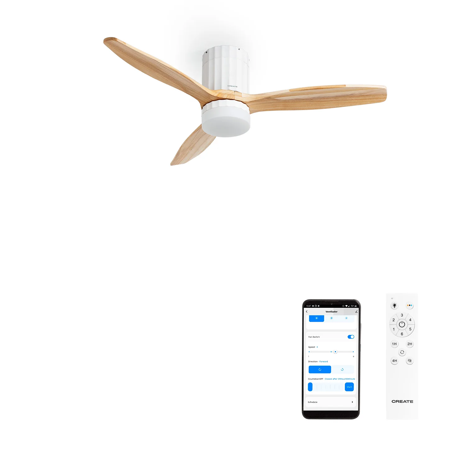 Create - 40w silent ceiling fan ø132 cm 100% wood, 6 speeds, summer/winter function, white motor, vertical lines - wind calm line
