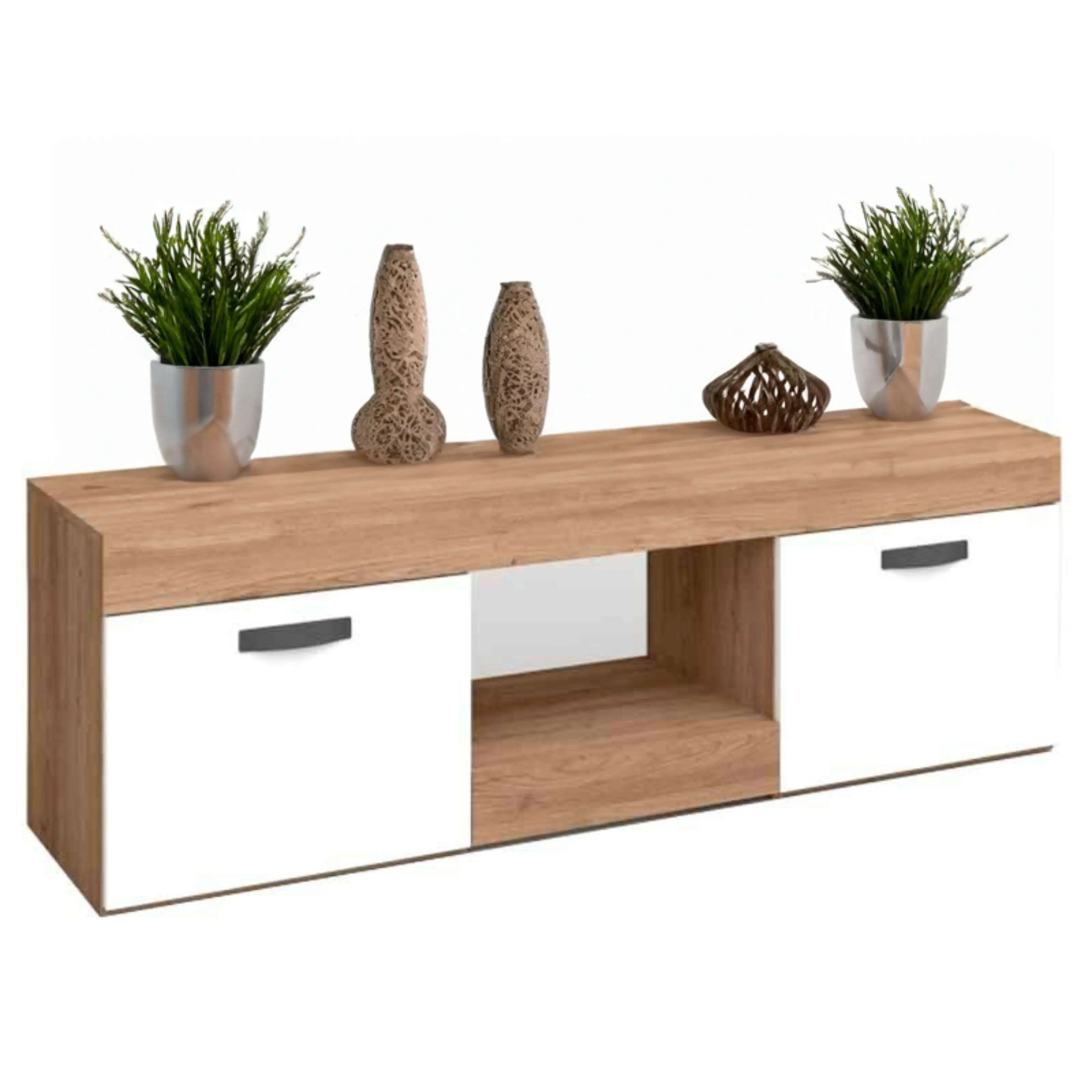Miroytengo Mesa TV Argos 2 Color Blanco y Naturale 2 Puertas Salón Comedor Módulo Estilo Moderno 49x150x40 cm