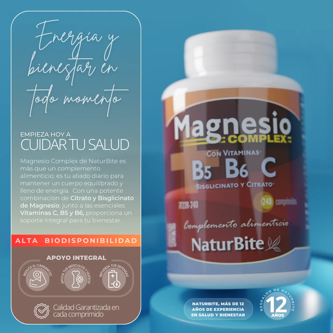 Naturbite magnesium complex with vitamins b5, b6 and c – magnesium citrate and bisglycinate tablets for energy, wellbeing and nervous function, vegan and highly absorbed formula. Improve magnesium intake with this symbiotic formulation.