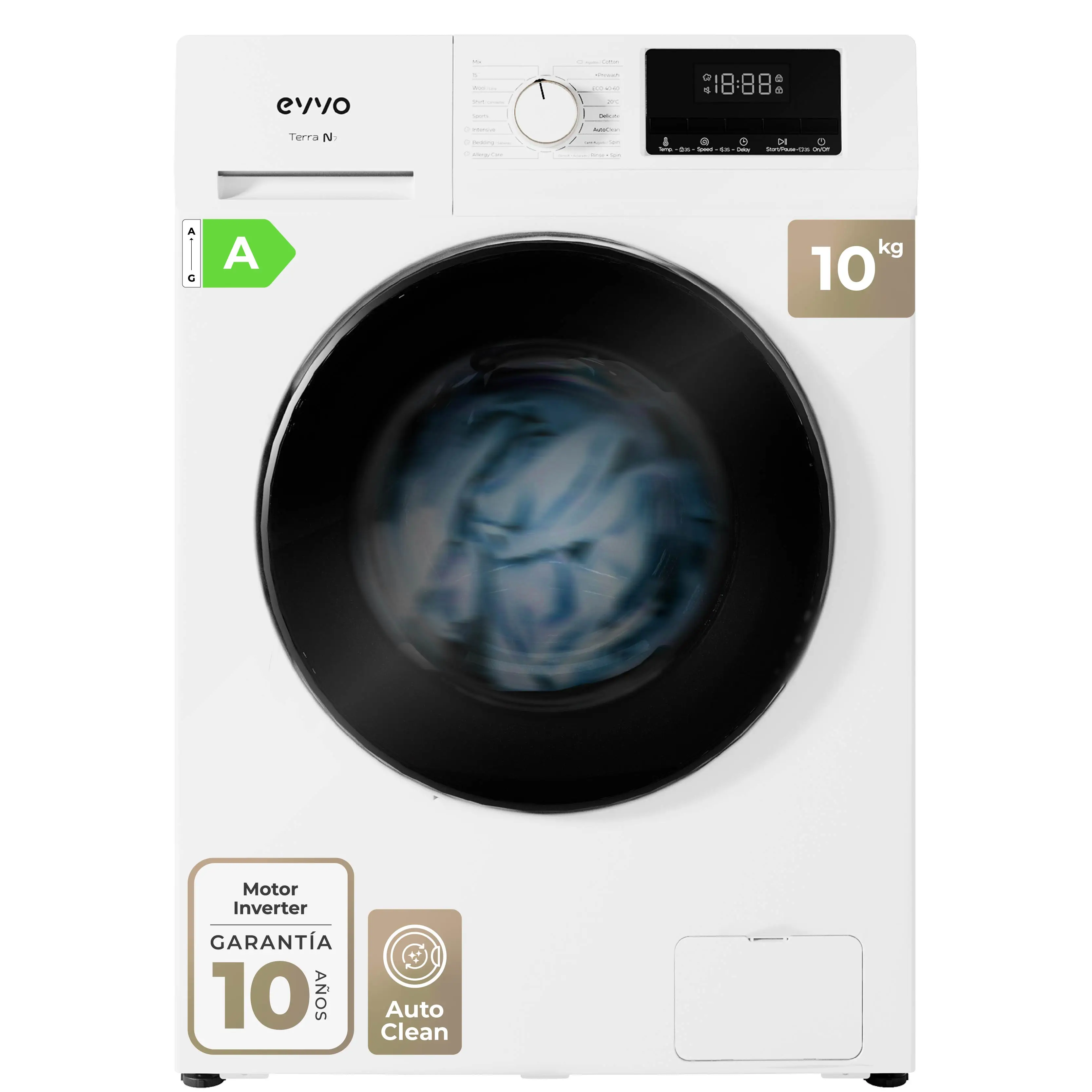 EVVO Lavadora 10-7 kg carga frontal Terra N, 1400 rpm, Clase energética A, Motor eDRIVE inverter, 16 programas