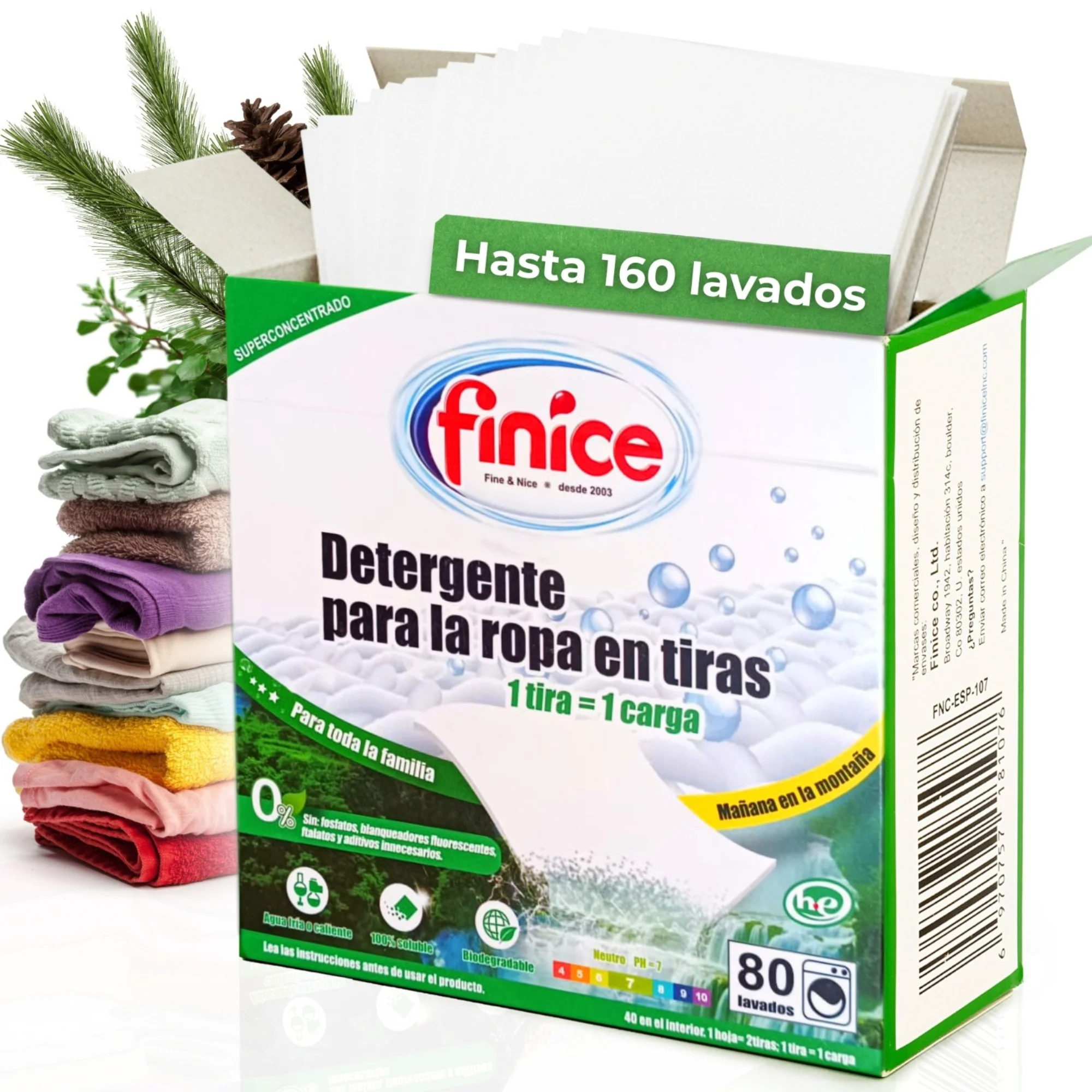 Detergente en Tiras para Lavadora con Suavizante (Hasta 160 Lavados) - 40 Hojas Hipoalergénicas, Biodegradable y 100% Soluble sin Plástico para Ropa Suave y Limpia, Aroma Mañana en la Montaña VAMZ