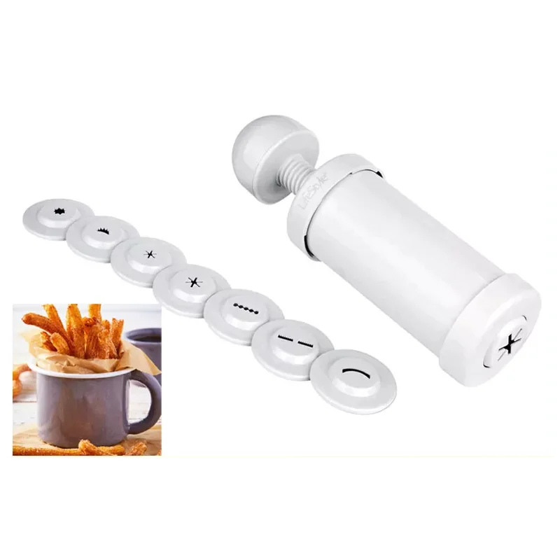 Lifestyle-churrera for Churros and baton home Manual household plastic with 8 different nozzles gun press machine for making pastry sleeve decoration multi-function cookie tool easy baking White