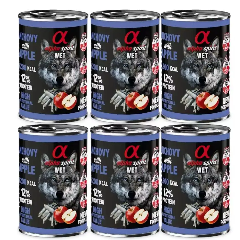 Pack 6 latas x 400 Gr - Alpha Spirit Comida Húmeda de Boqueron con manzana roja para Perros