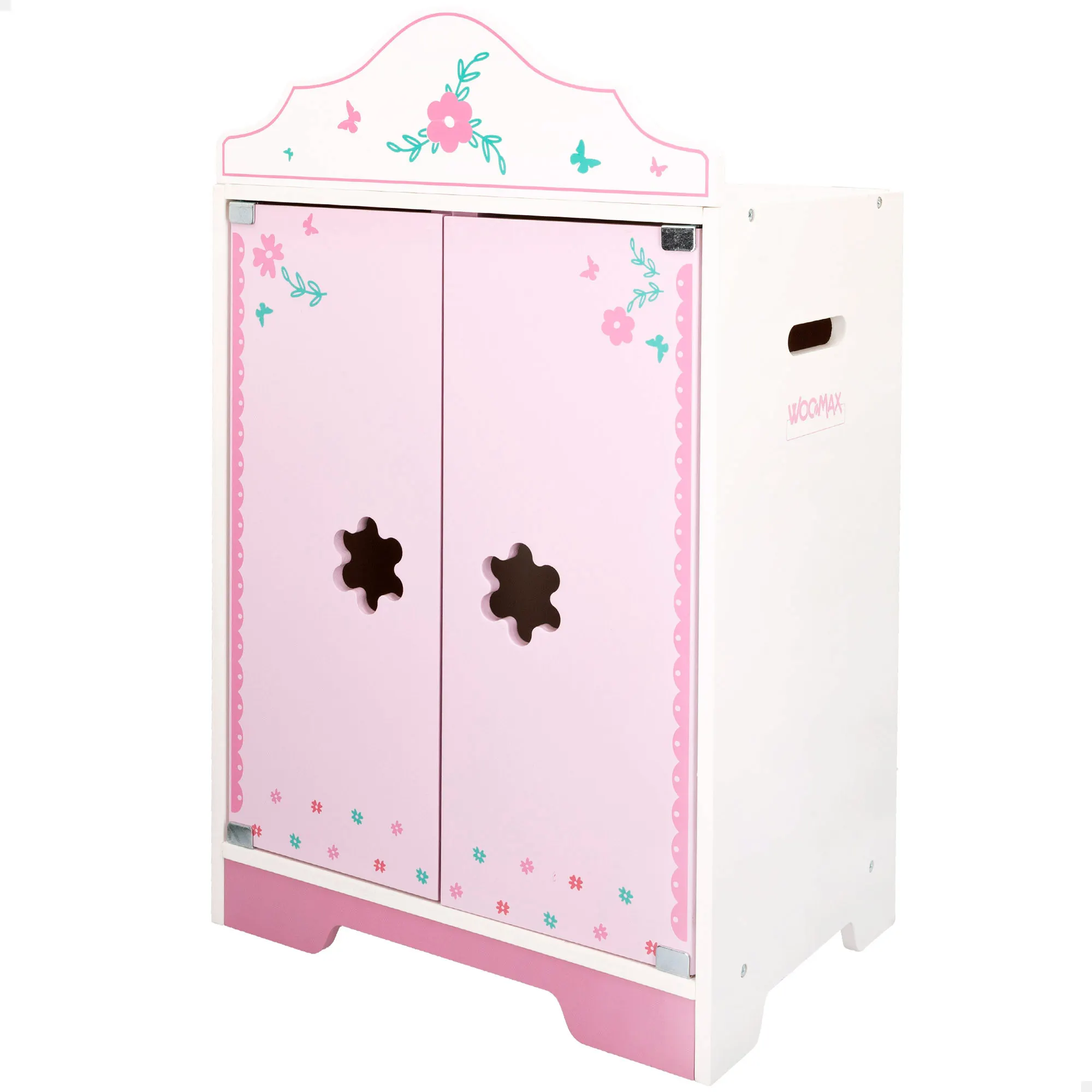 WOOMAX - Armario para ropa de muñecas, color blanco y rosa, armario de madera para muñecas, mide 34x23x55 cm, incluye perchas de juguete, puertas con cierre magnético, juego simbólico, juguetes