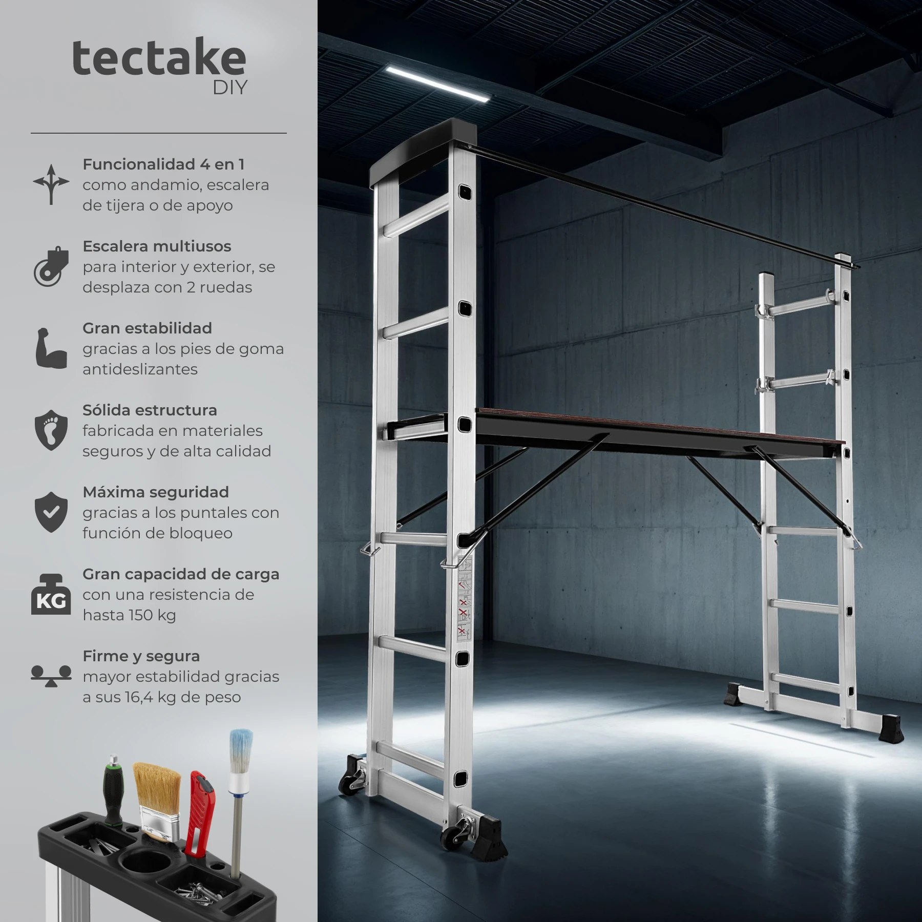 Four-in-1 multi-purpose aluminum ladder: single ladder, scissor ladder, simple scaffolding and uneven scaffolding large working platform, approx. 147x40 cm with two wheels easily changes the position