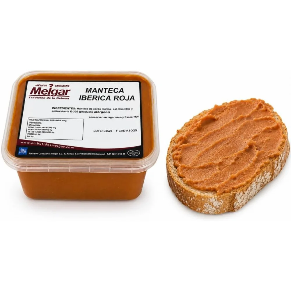 Manteca colorá ibérica, Serranía de Ronda, Melgar, pimentón andaluz, para untar y cocinar, sin alérgenos, tarrina 500g