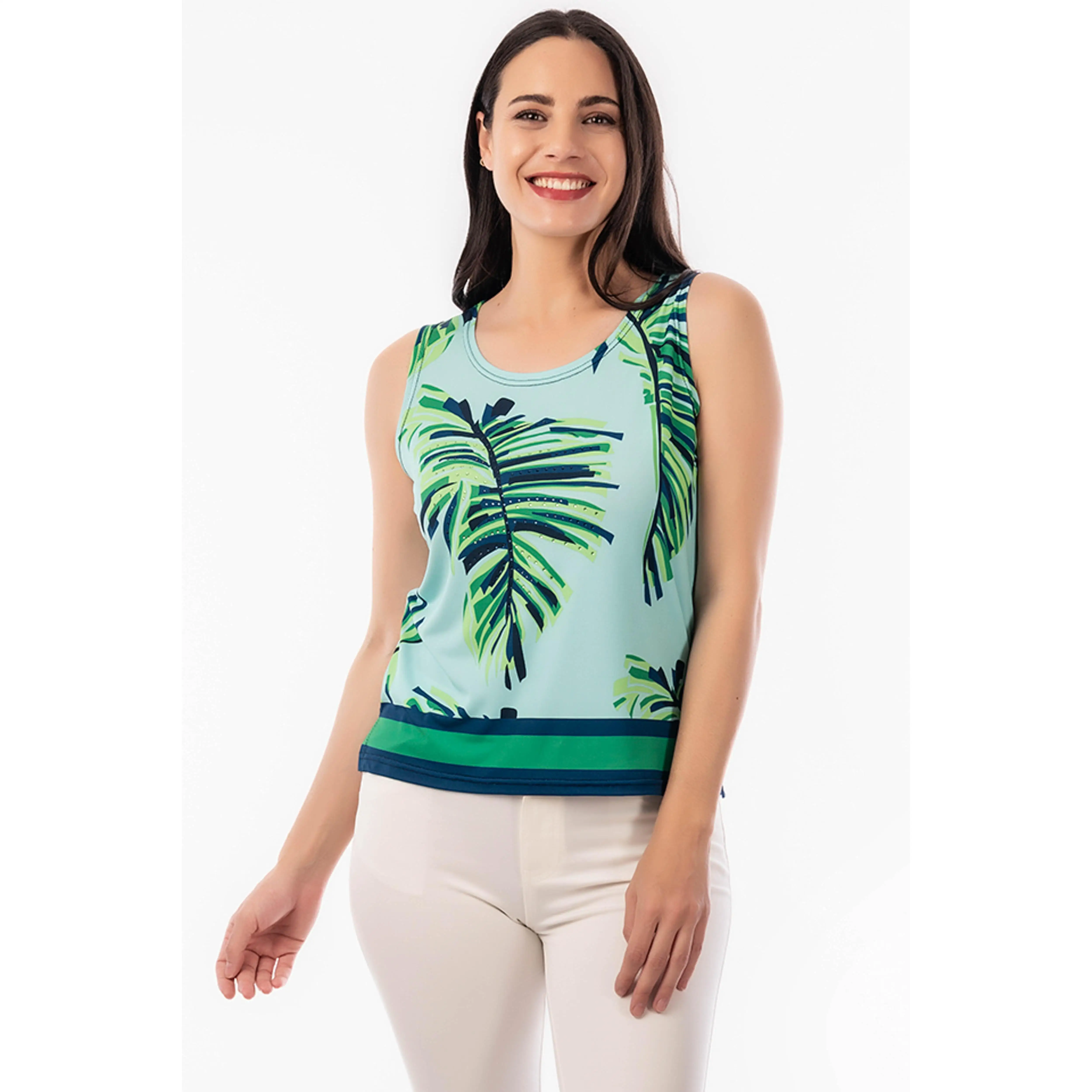 Camiseta de Mujer Estampada Sin Mangas y Escote Redondeado- Masquenada