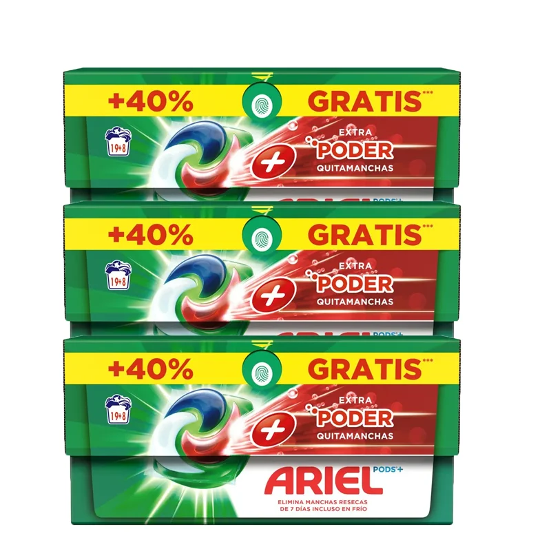 Pack of Ariel All-in-One liquid washing machine detergent in capsules/pills, 19 + 8 (27,54 or 81) washed, plus Extra power stain remover, deep cleaning