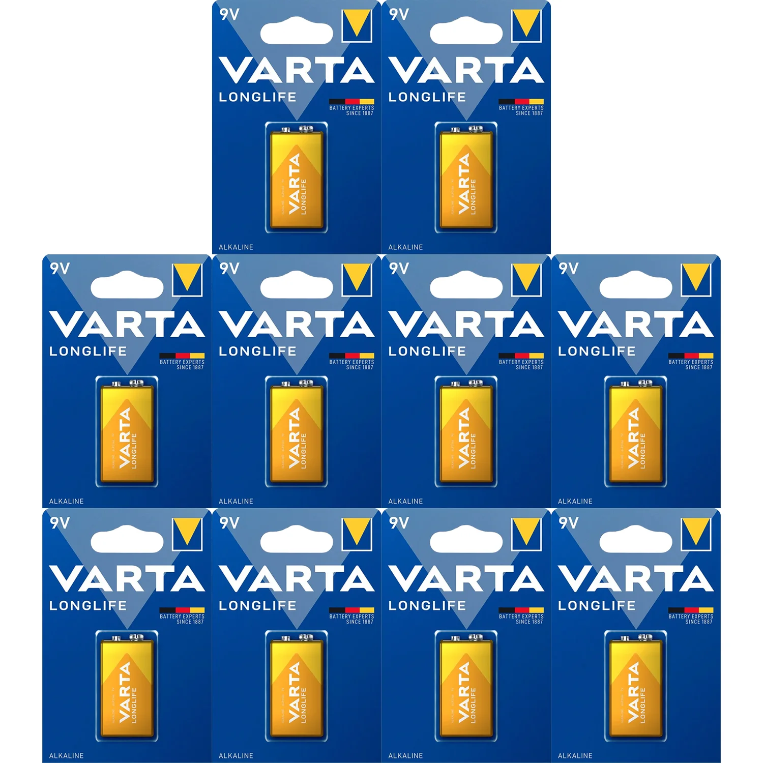 VARTA Pilas 9V Alcalinas, Pilas 9v Cuadradas de Alto Rendimiento, VARTA Longlife, Ultra Larga Duración, Energía Continua, Ideal para Detectores de Humo, Micrófonos Inalámbricos, Pedales de Guitarra,