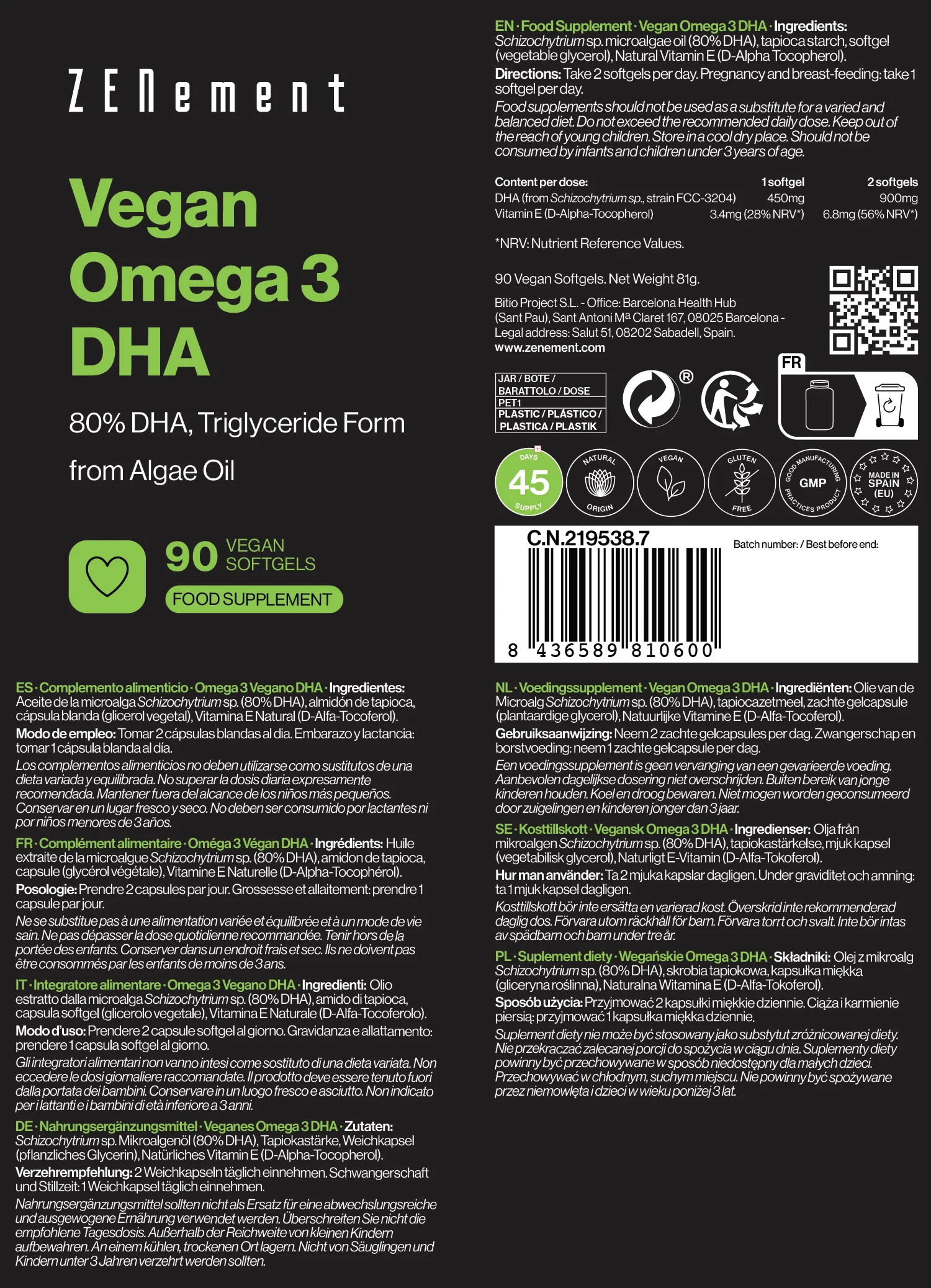 Omega-3 vegan dha 80% dha, in the form of triglycerides - 90 vegan soft capsules zenement #4
