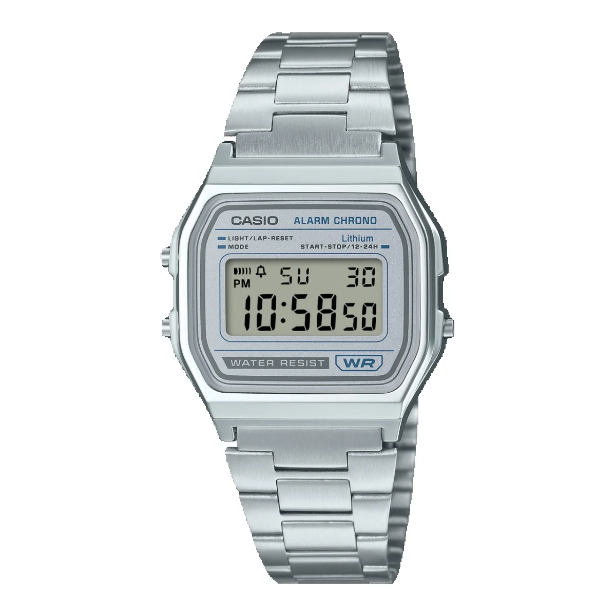 Reloj CASIO Vintage Unisex - Digital Iconic Brazalete de Acero - Esfera Plateada con Detalles en Azul | A158WEA-7EF