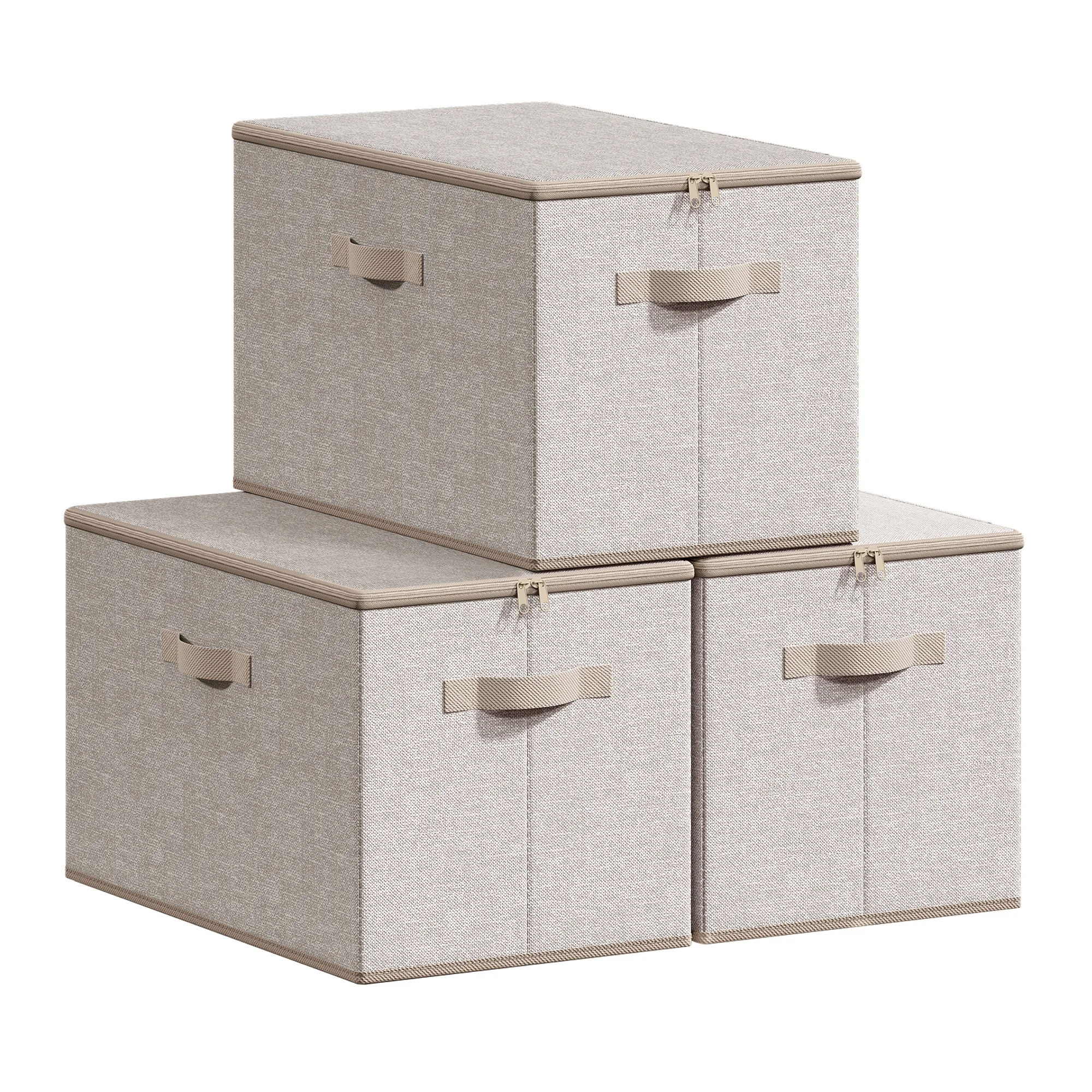 SONGMICS Cajas de Almacenamiento Plegables, Juego de 3 Organizadores en Cajas con Tapas y Asas, para Ropa, 50 x 30 x 30 cm, Tejido de Tela No Tejida, Beige Arena/Gris Pizarra