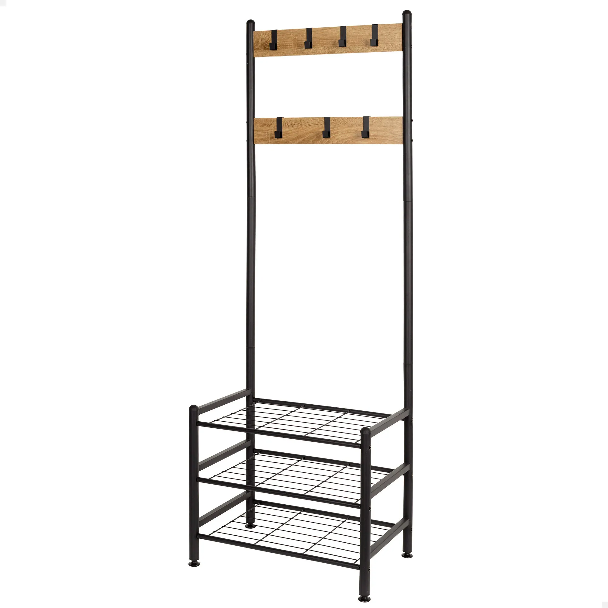 Max Home - Zapatero entrada recibidor y perchero de pie, con ganchos y estantes almacenamiento, de madera y acero, estilo industrial, patas nivelables, recibidores, percheros pared, armario abierto