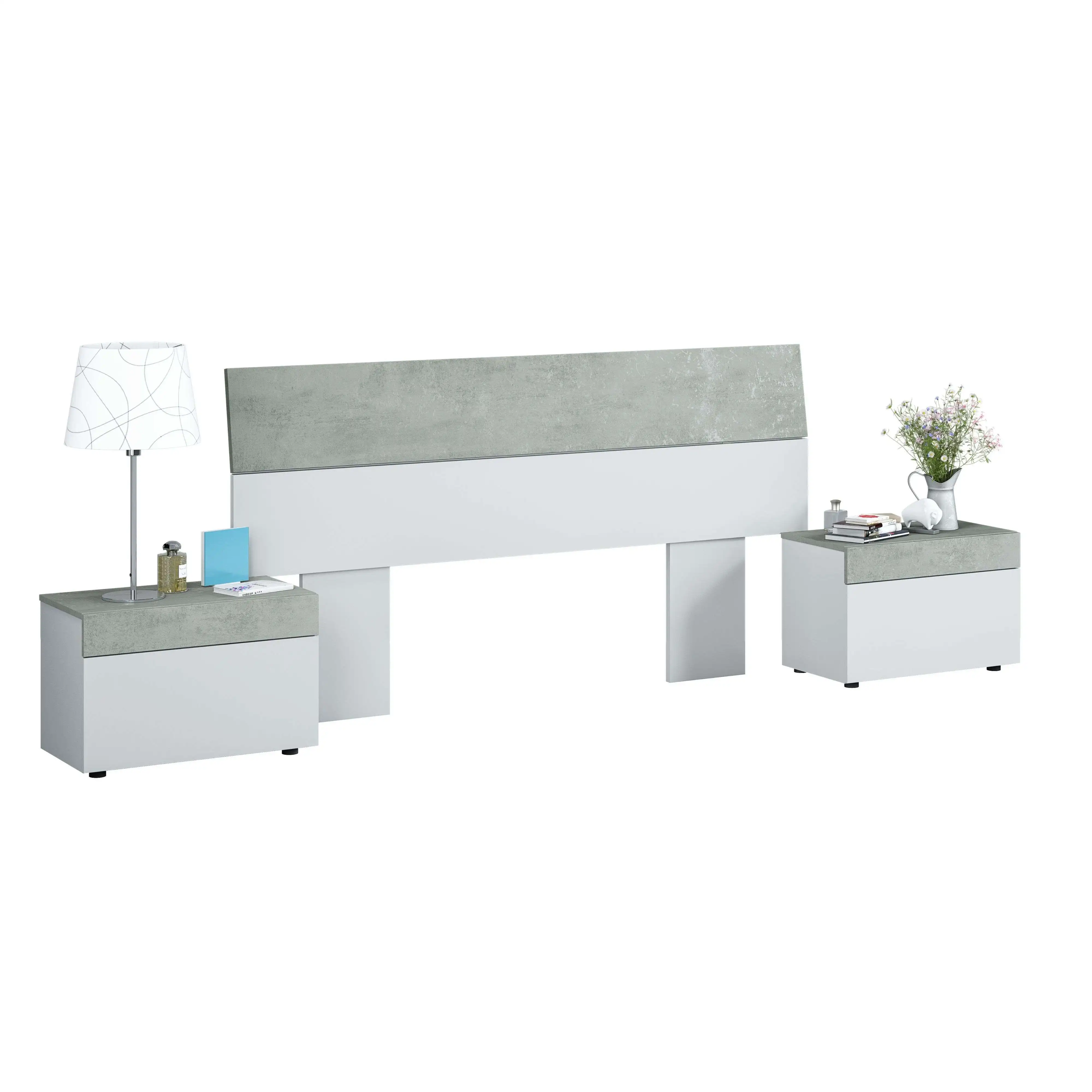 Miroytengo Cabezal con 2 mesitas cama matrimonio 135/150 cm en blanco y cemento estilo industrial