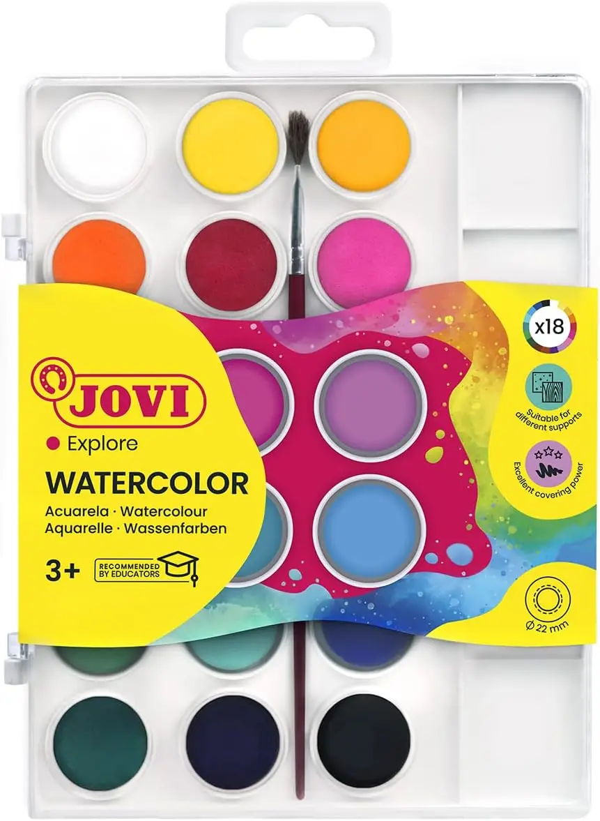 Jovi school waterel set - up to 24 colors ideal for school use or starting in the watercolor art - includes gift brush - plastic case