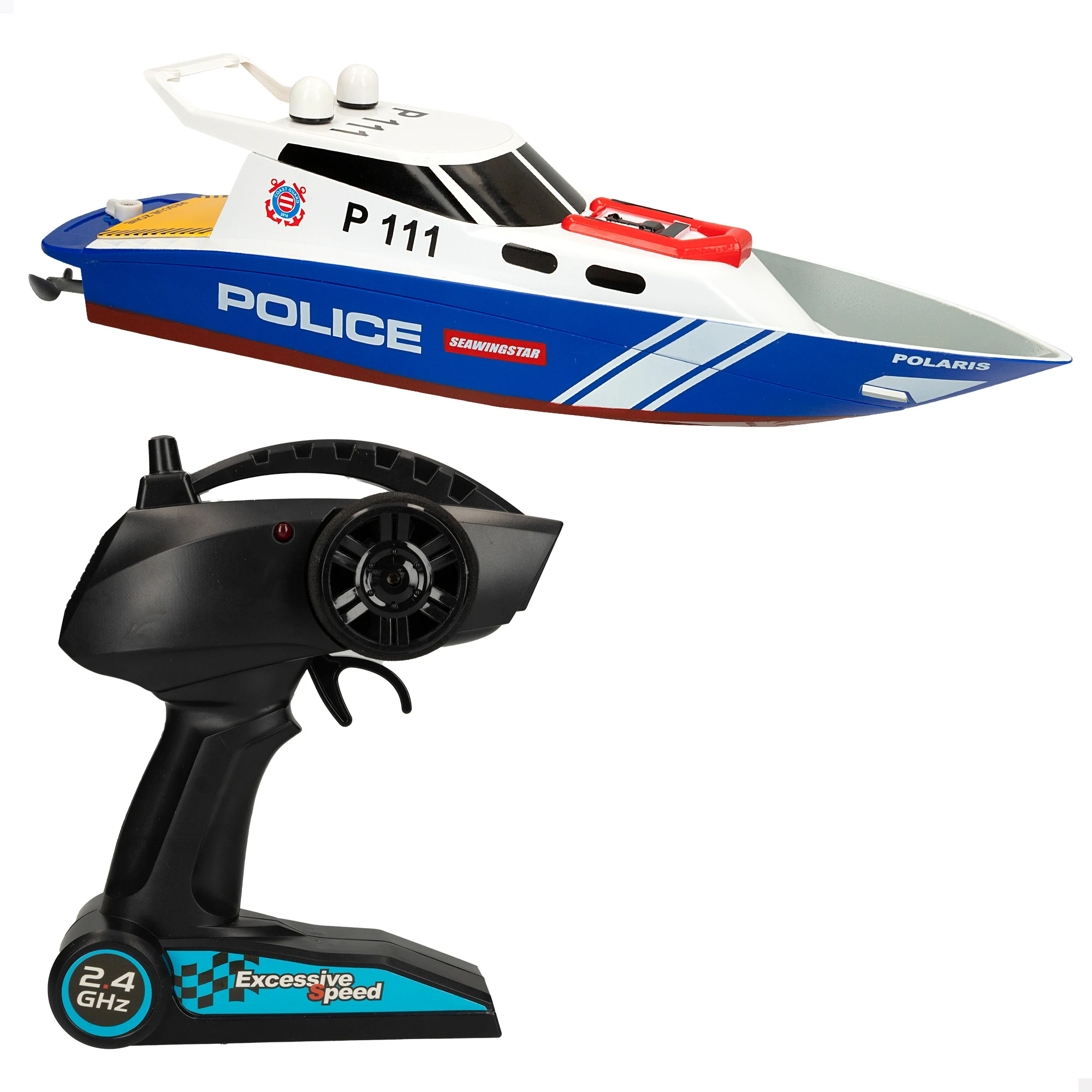 Racing Boat Lancha teledirigida policía, 36x10x10 cm, Frecuencia 2,4 GHz, 35-40 m alcance, 6 direcciones, Juguetes teledirigidos, Lancha rc, Barco radiocontrol, Juguete para niños de 4 años