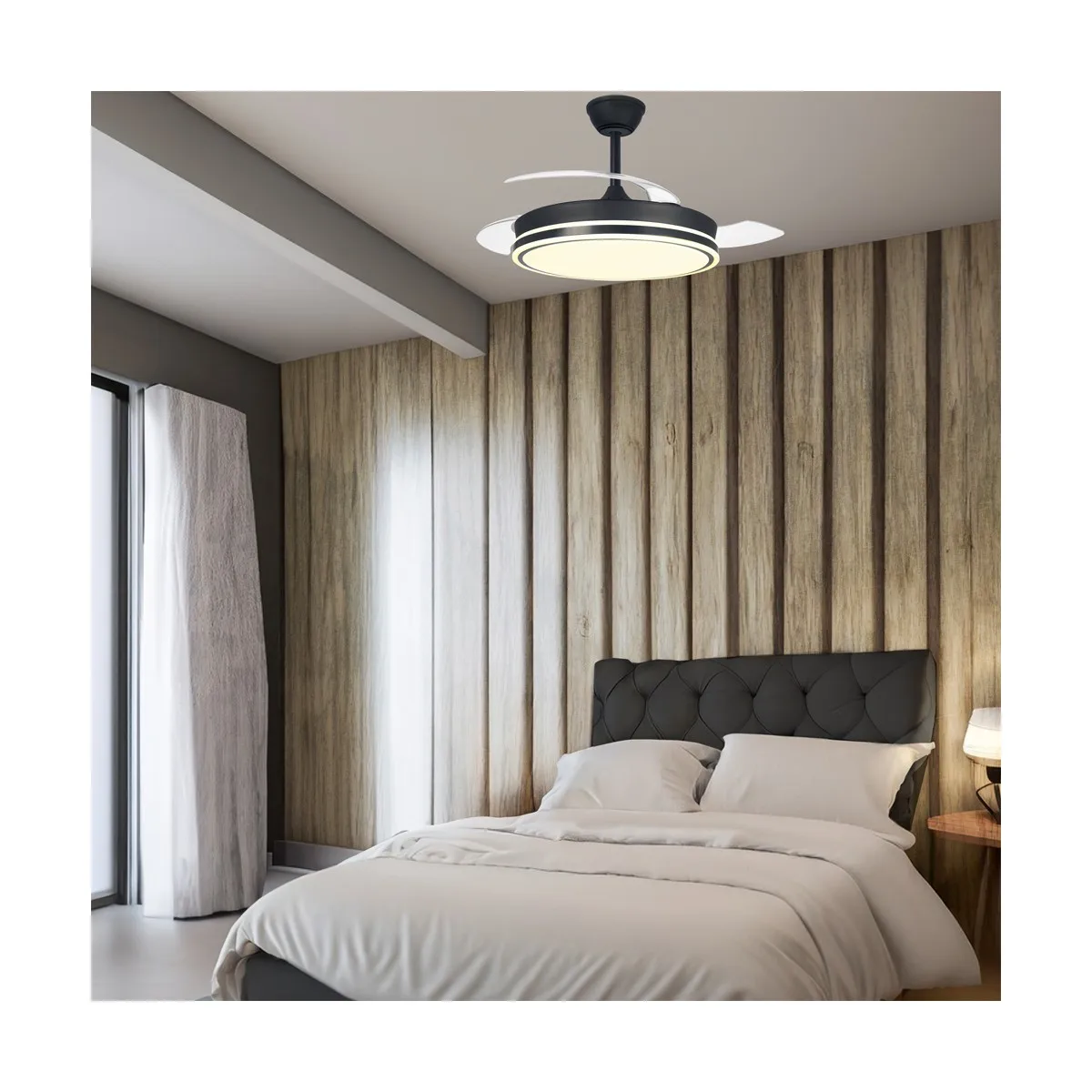 Ceiling fan with 45w led light, iris model with black retractable blades. Dc motor, cct system. Remote control with timer, adjustable light in color and intensity, memory, breeze mode and winter/summer function