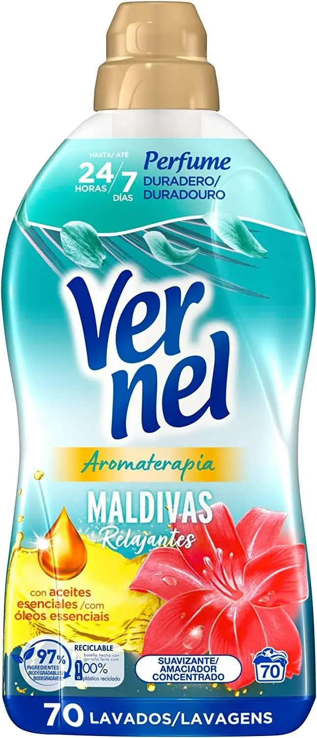 Vernel Relaxing Maldivians Soothing Concentrate Clothes Softener 70 Washes Pack 4x70 = 280 Dose Washing Machine Liquid Softener Duo-Caps Formula 200 Days Lasting Perfume Soft Clothes protects fibers and facilitates ironing