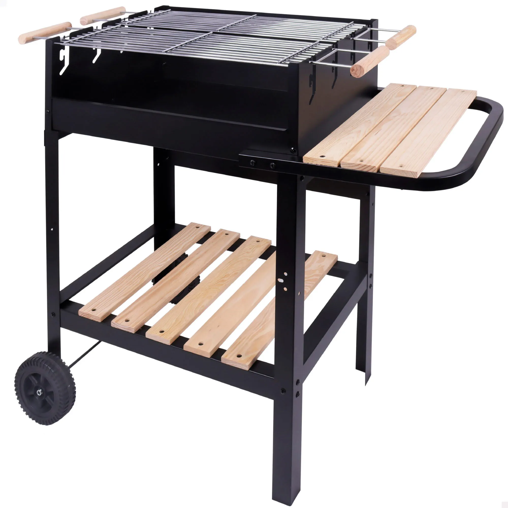 Aktive - Barbacoa carbón portátil, doble parrilla, 100x40x88 cm, estructura metal, mesa lateral madera, 2 ruedas, barbacoas de carbon, bbq, cocinas barbacoa exterior