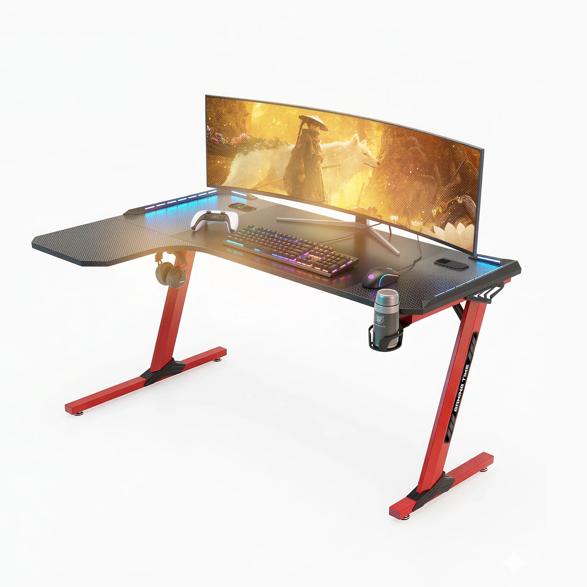 Mesa Gaming Esquina RGB 142cm – Escritorio Gamer con LED, 3 USB, Carga Inalámbrica, Fibra de Carbono, Soporte Auriculares, Portavasos y Diseño Ergonómico