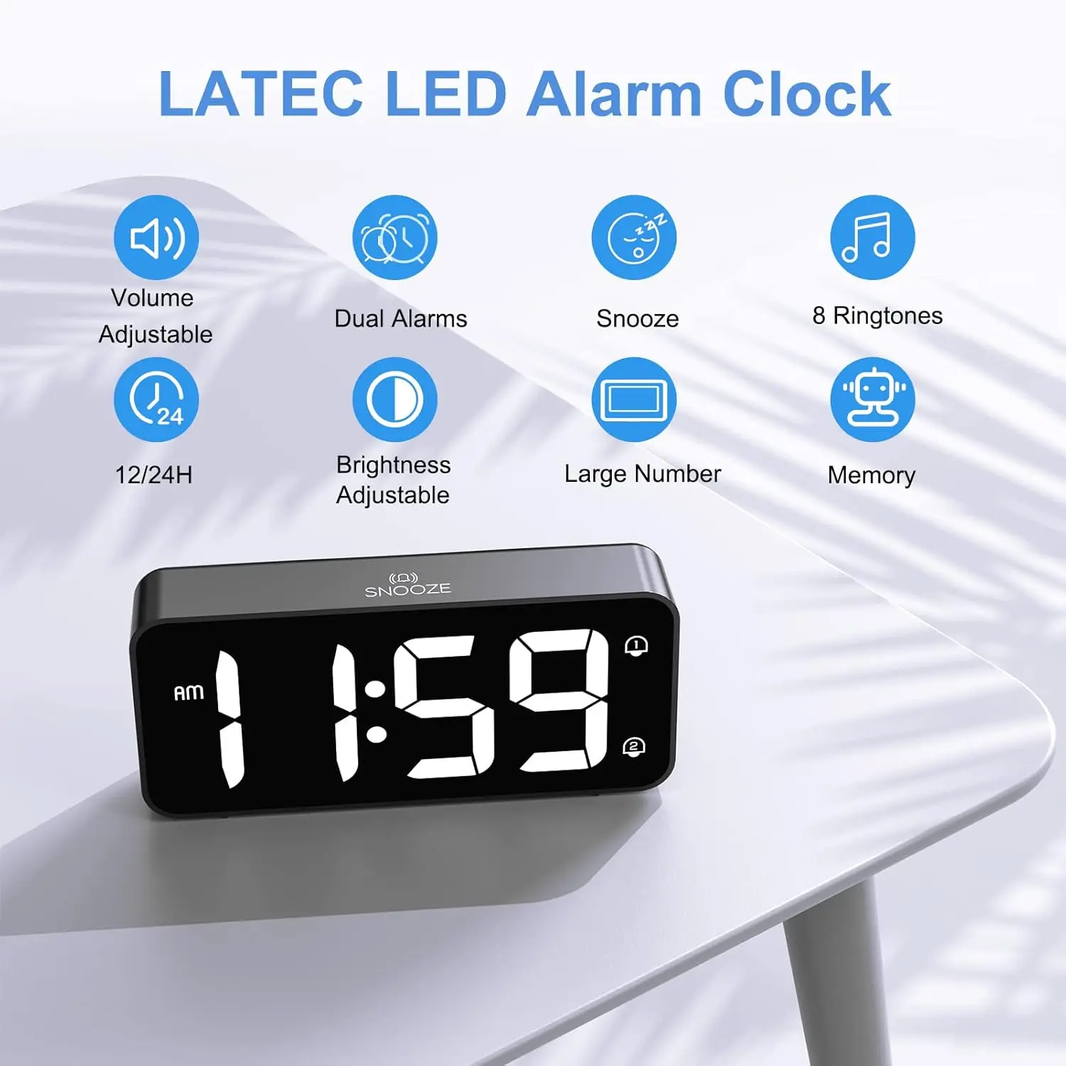 LATEC Digital Alarm Clock LED Dual Alarm 8-tone Digital Alarm Clock with Adjustable Volume and Brightness Desktop Digital Clock with Snooze 12/24 Hours USB Power Cable (Nero)