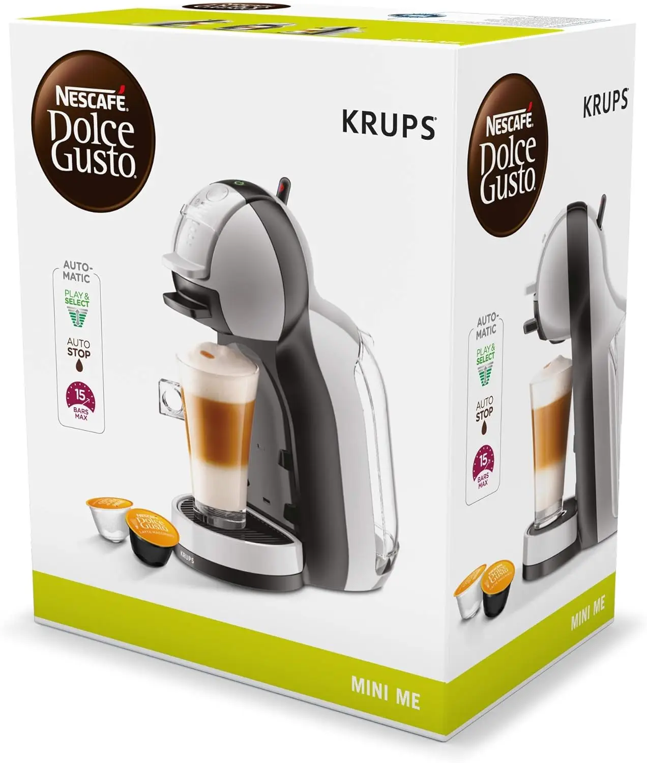 Nescafé Dolce Gusto Mini Me S KP123B Krups capsule coffee maker with 15 bar pressure, capacity 0.8 L, hot or cold drinks, Eco mode, Play & Select, Thermoblock, 35 kinds coffee, gray color/black