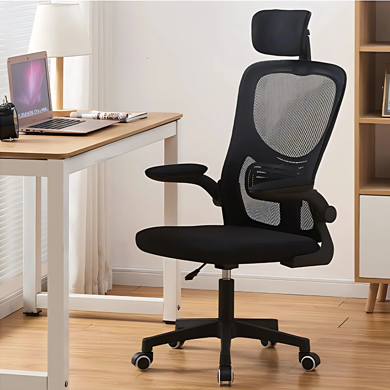 LUTODY - Office desk chair with adjustable headrest, gaming, breathable mesh net backrest, lumbar support, ergonomic with nylon lining, folding armrest, 360o rotating wheel, pp leg, desk, for work center office