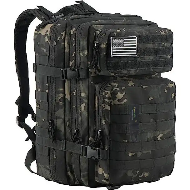 Mochila supervivencia táctica camo negra camuflaje 45 litros senderismo y acampada Prowalk , estilo ejercito para rutas montaña camping trekking crossfit actividades al aire libre escalada casa y