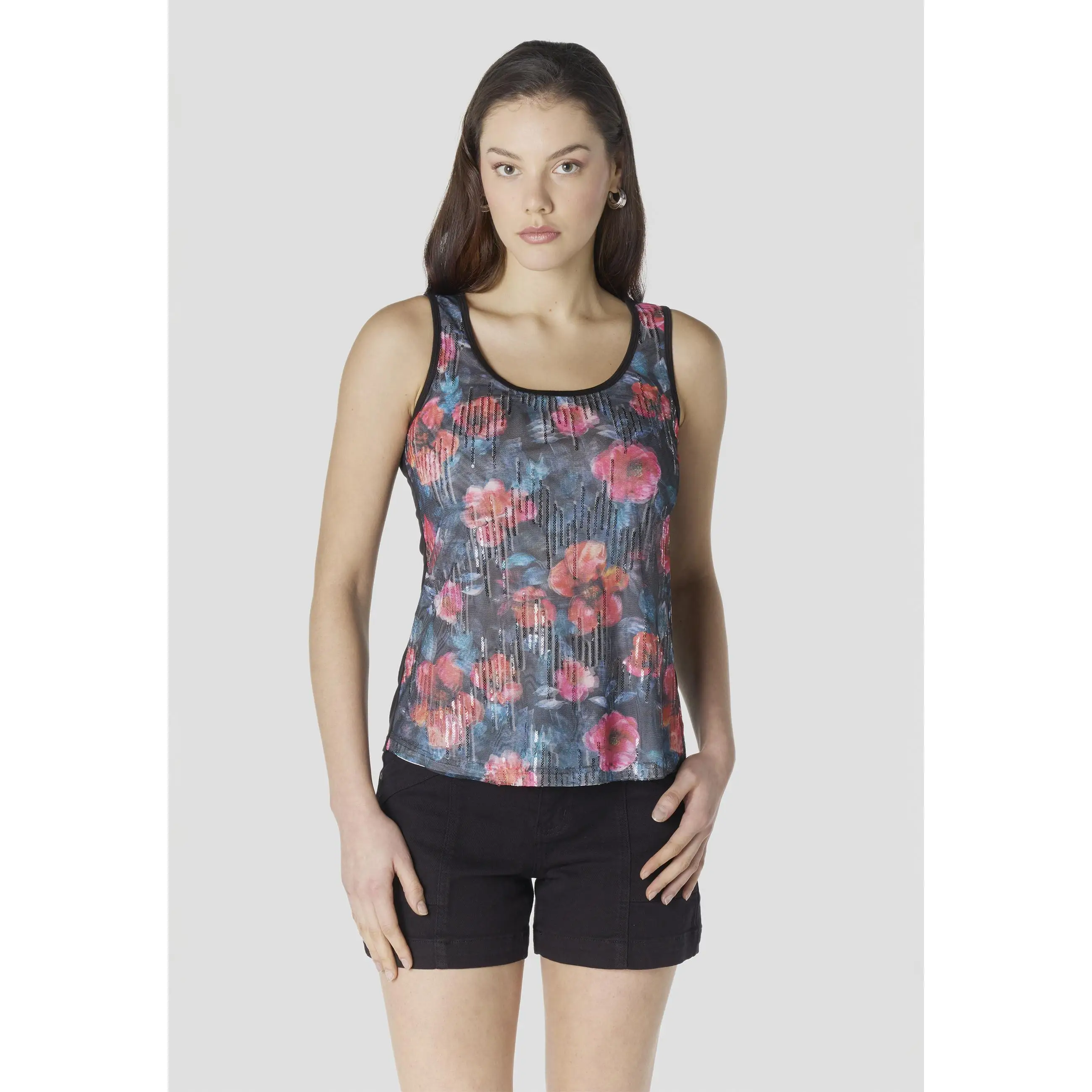 Koroshi - Top de tirantes para mujer en tul de poliéster con estampado floral coral y azul, lentejuelas brillantes y escote redondo – Negro
