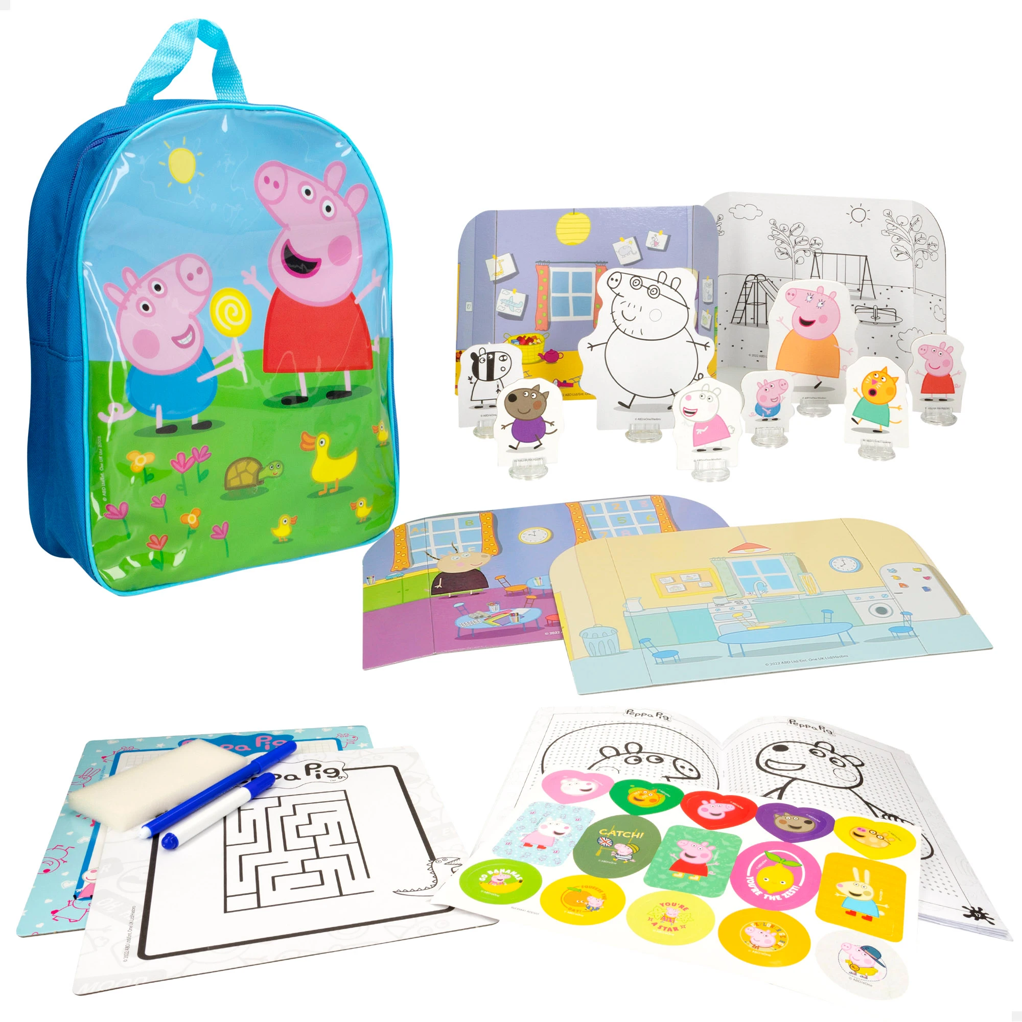 Peppa Pig - Mochila infantil Peppa Pig con cuaderno de actividades, Ejercicios para colorear, Rotuladores, 8 personajes de cartón, Juguete para niños y niñas, Regalo a partir de 3 años