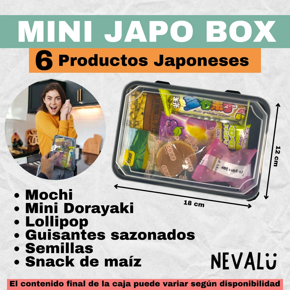 Nevalu Mini Japo Box. Box of Japanese products to give away. Sweet and salty Snacks. Japanese delicacies.