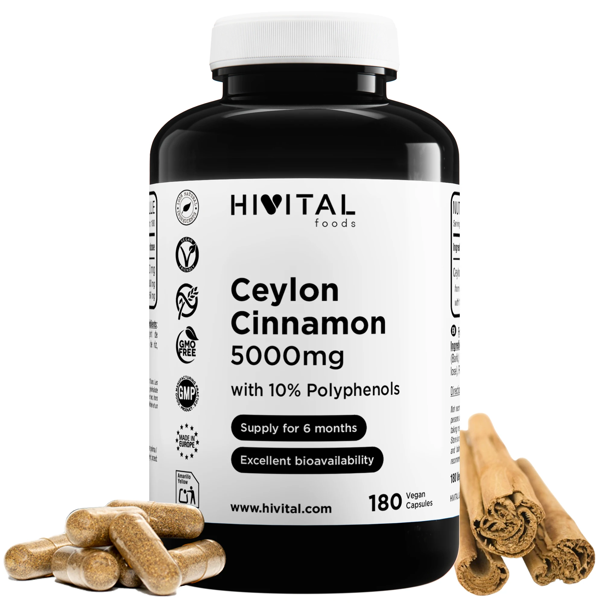 Canela de Ceylán 5000 mg | 180 cápsulas veganas. Hivital