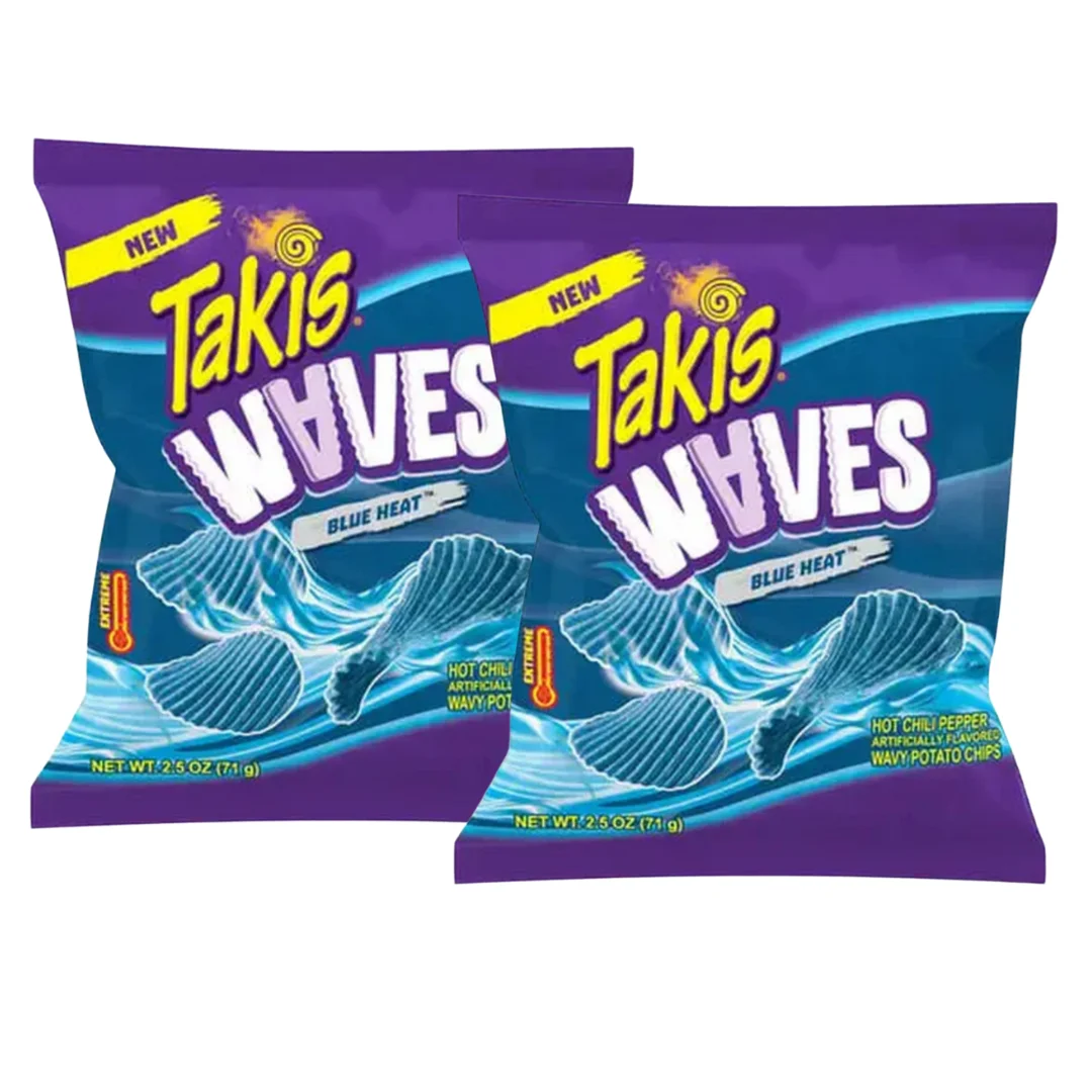 TakisWaves Blue Heat 70gr Pack 2 Unidades - Rollitos Crujientes de Tortilla de Maíz con Chile en Polvo