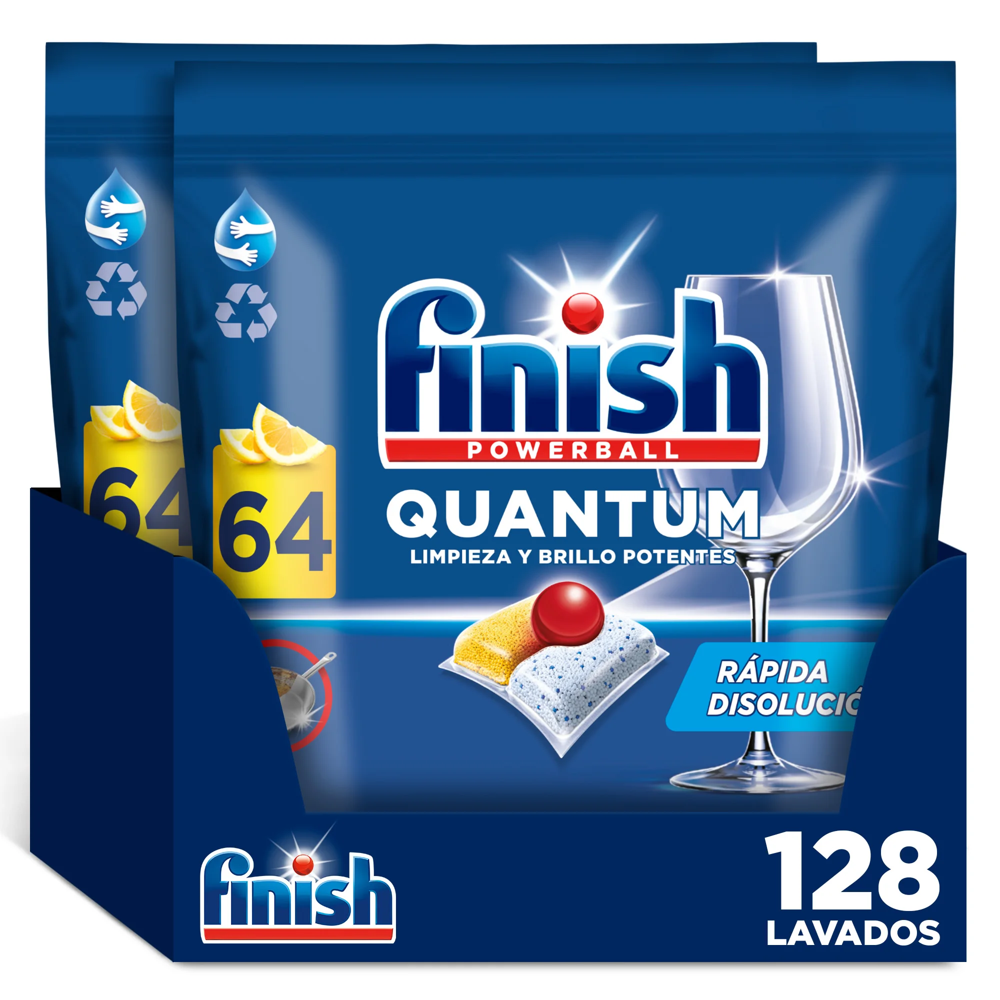 Finish Powerball Quantum 128 Pads for Dishwasher, Powerful Cleaning and Glitter, Lemon Aroma, 2x64 Format