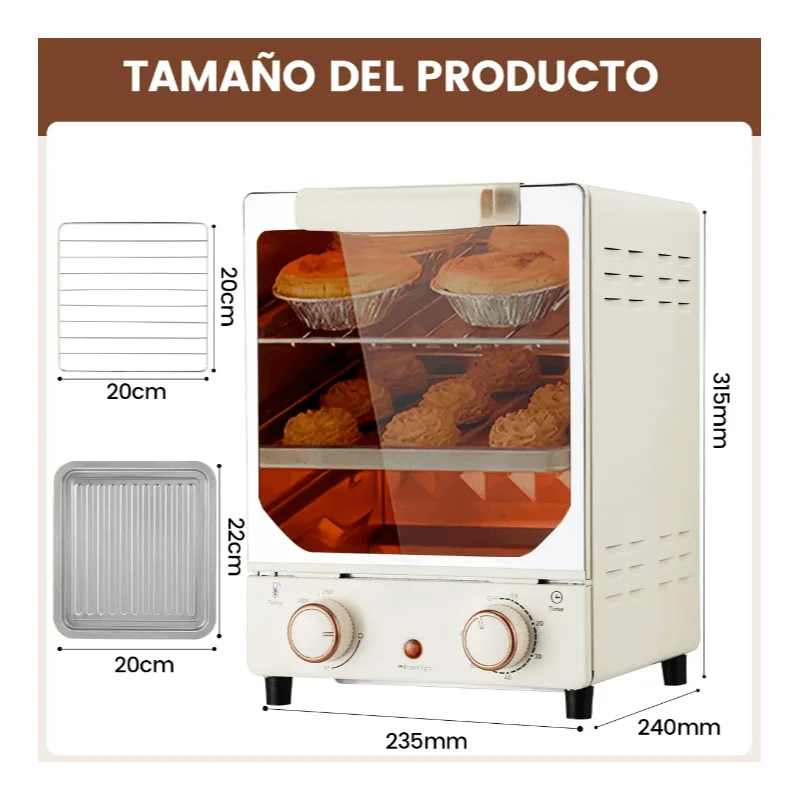 Mini vertical electric oven 15l multifunction with adjustable temperature, 60 min timer, convection and interior light