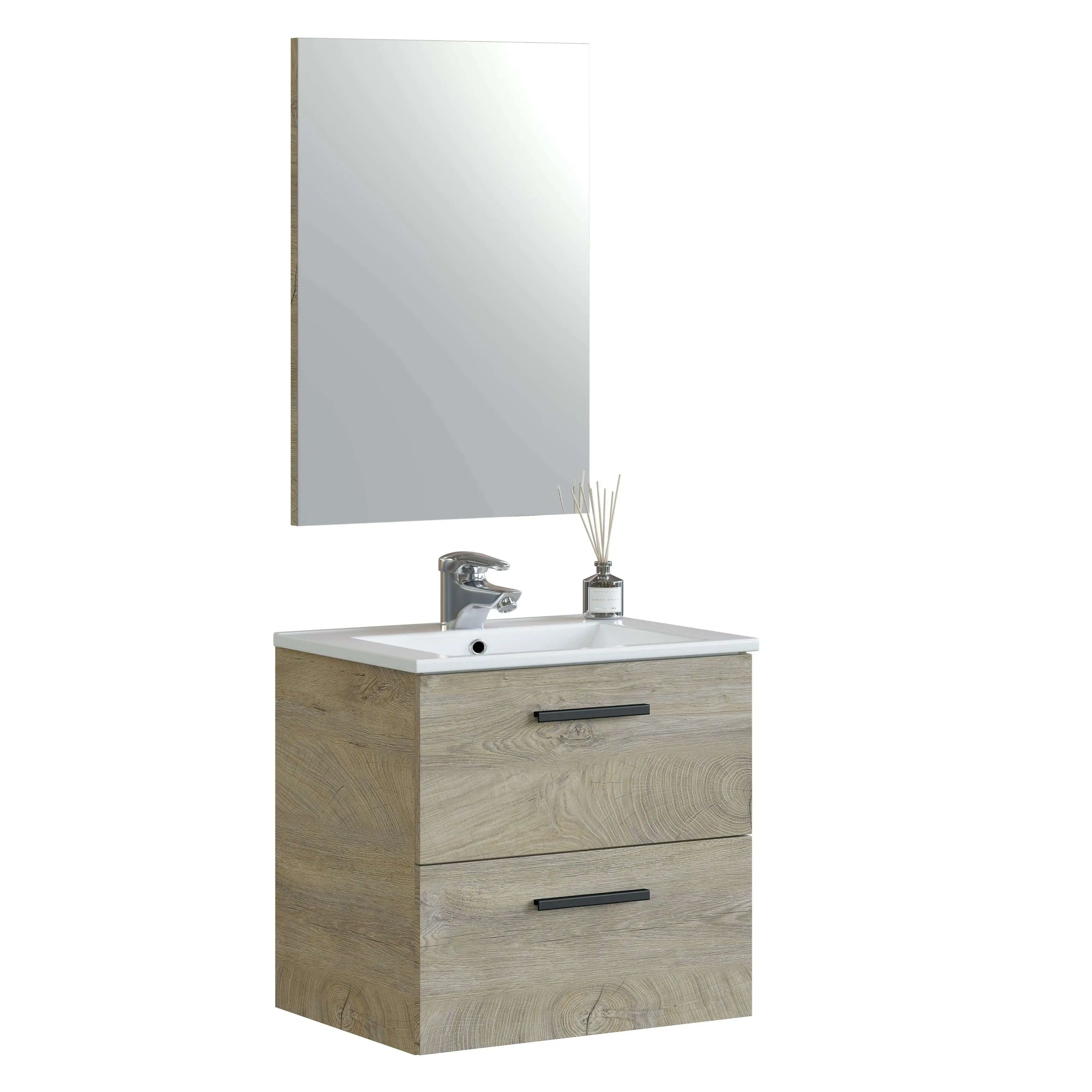 Miroytengo Mueble de Baño Aruba Estilo Natural en Color Roble Alaska con 2 Cajones + Espejo 57x60x45 cm (Lavabo Opcional)