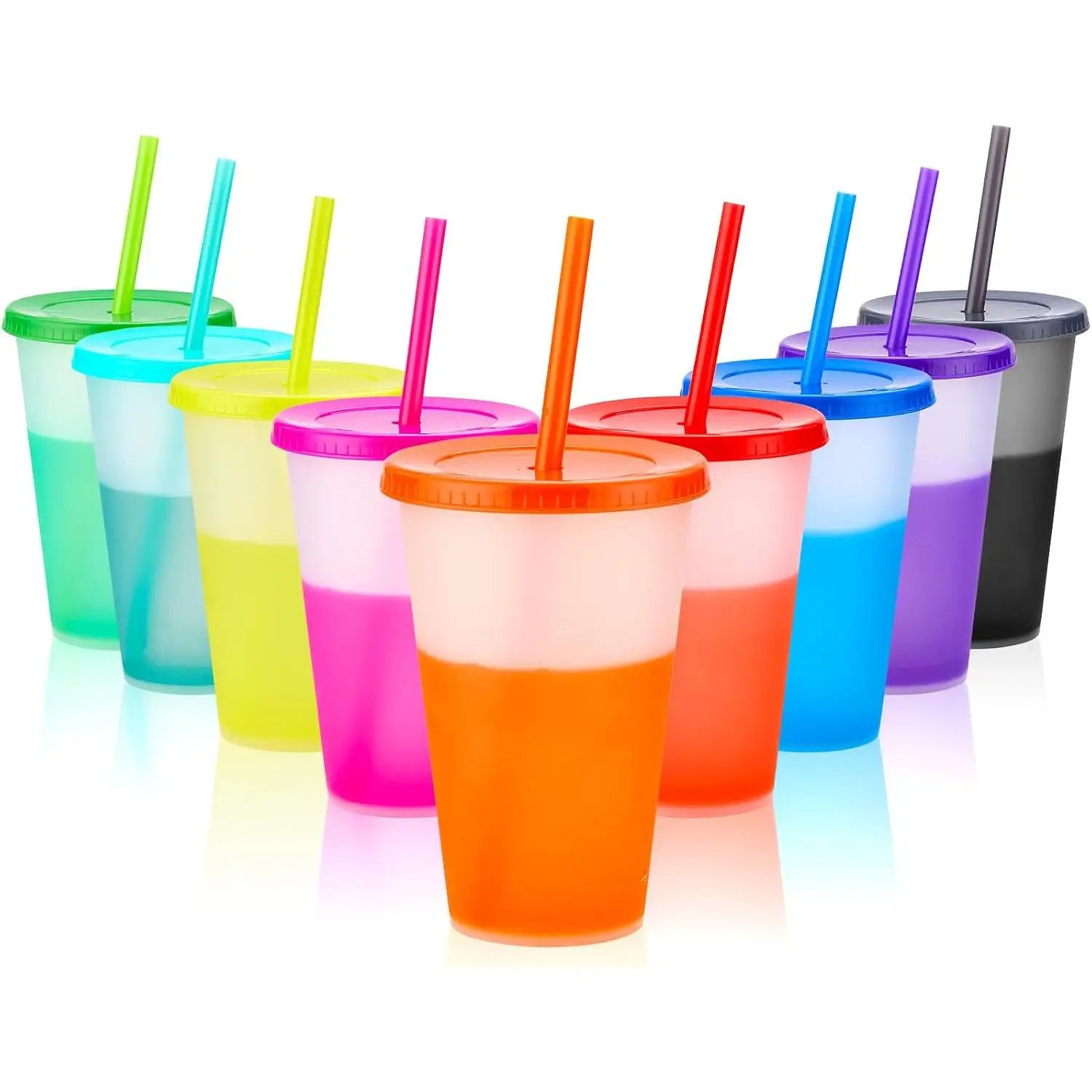 9 Vasos Mágicos con Tapa y Pajita – Pack de 9 Vasos Mágicos de Plástico Reutilizable 16oz (470ml) que Cambian de Color – Vasos Divertidos para Café Helado, Batidos y Refrescos – Ideales para Viaje,