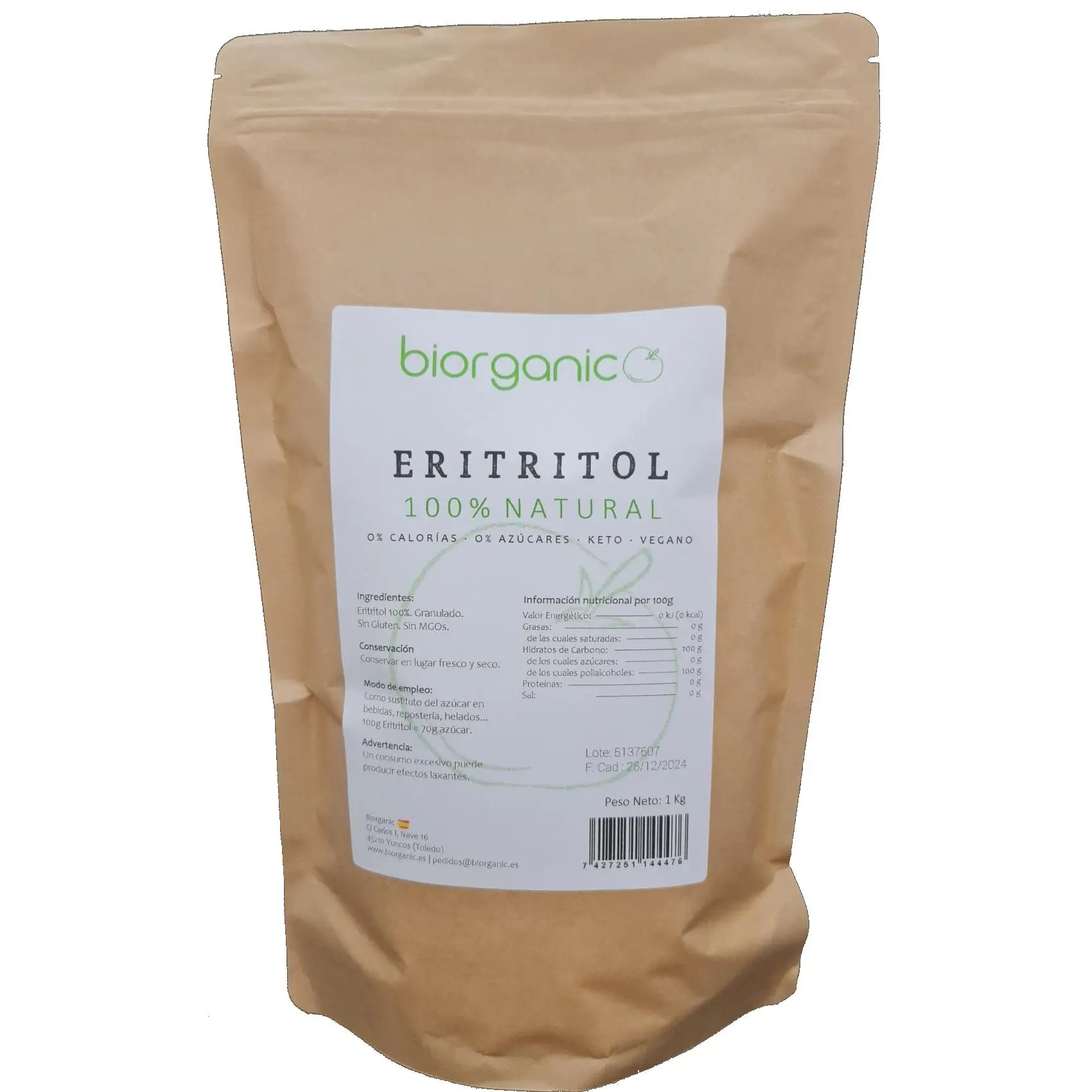 Natural 100% erythritol, 1Kg - Biorganic. Sweetener KETO, zero calories. From the polyalcohols of the fruit. Ideal for low-carbohydrate diets. Spanish brand.