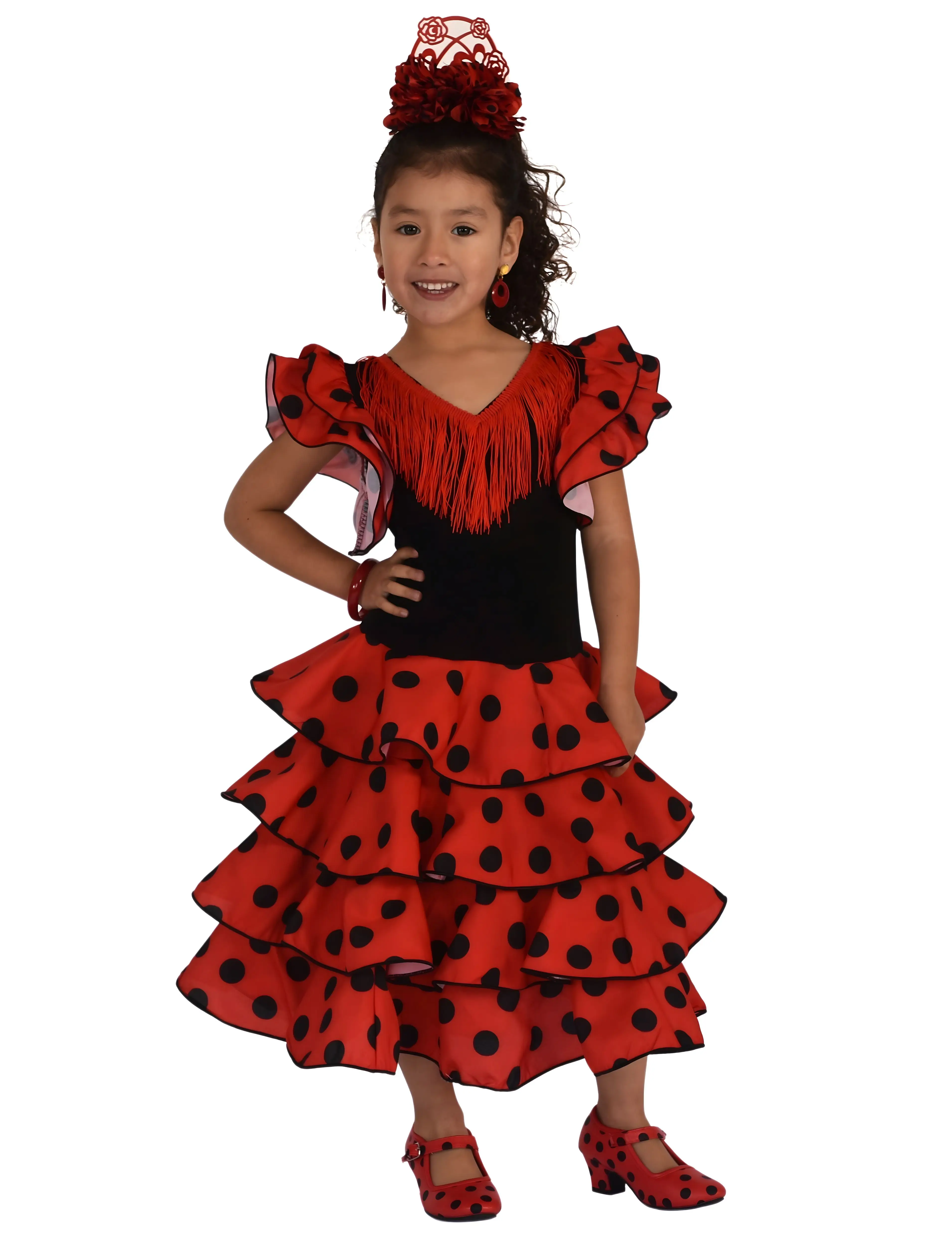 ANUKA Flamenco Girl Sevillanas Long Popin White Polka Dots White Fringed Skirt Three Ruffles Sleeve Double Ruffle Streck Body Elastic Polyamide