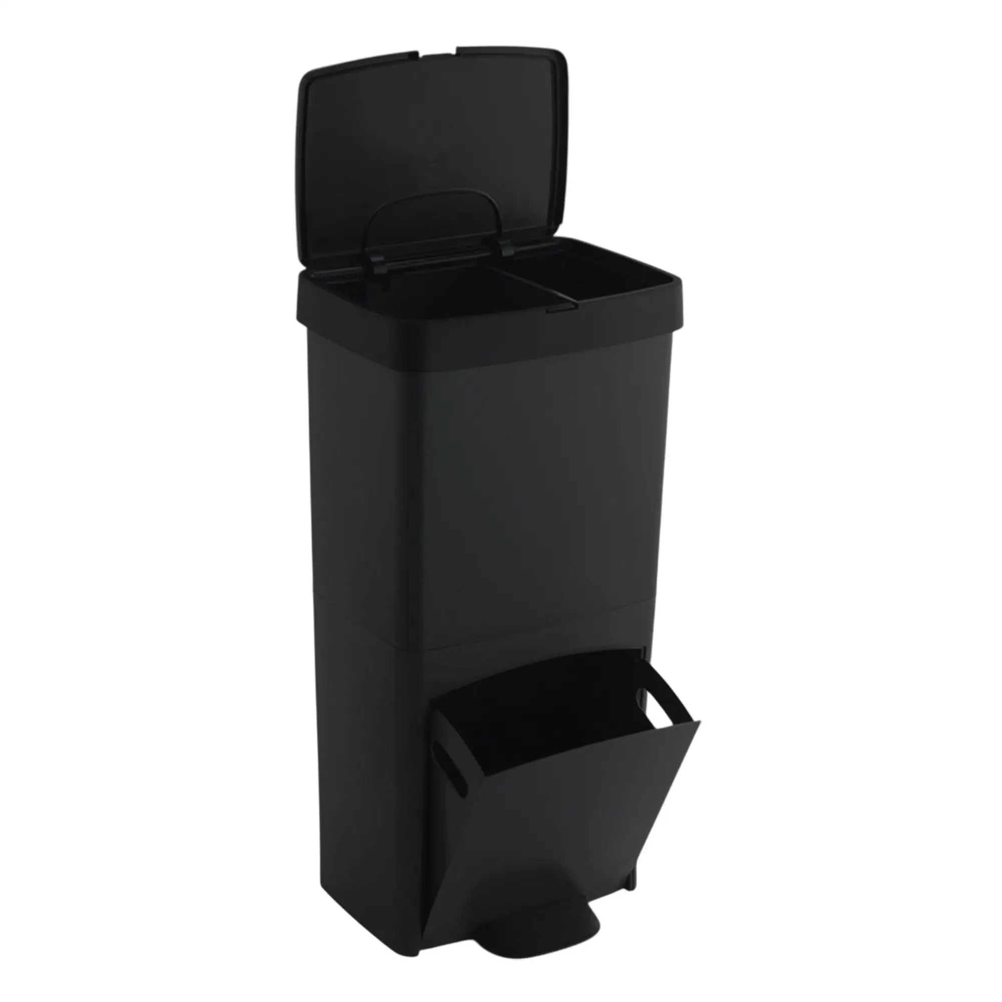 Cubo de basura o reciclaje 70L, VERTICAL, en 2 Compartimentos, Papelera para residuos, 76 cm de altura, fácil gestión, Negro