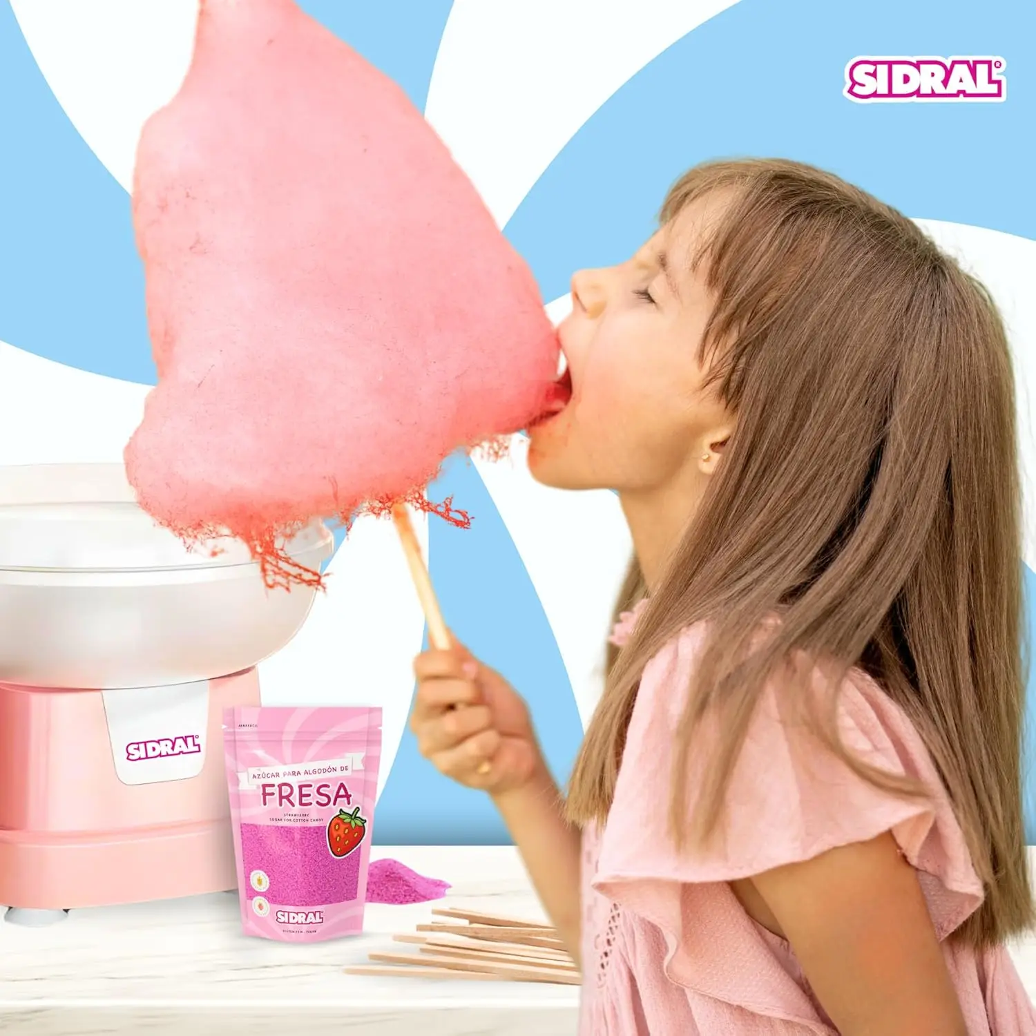 Sidral Sugar for Cotton Machine (2 X 250 Gr) with 20 Recyclable Sticks for Tasting (Strawberry/Frambooise