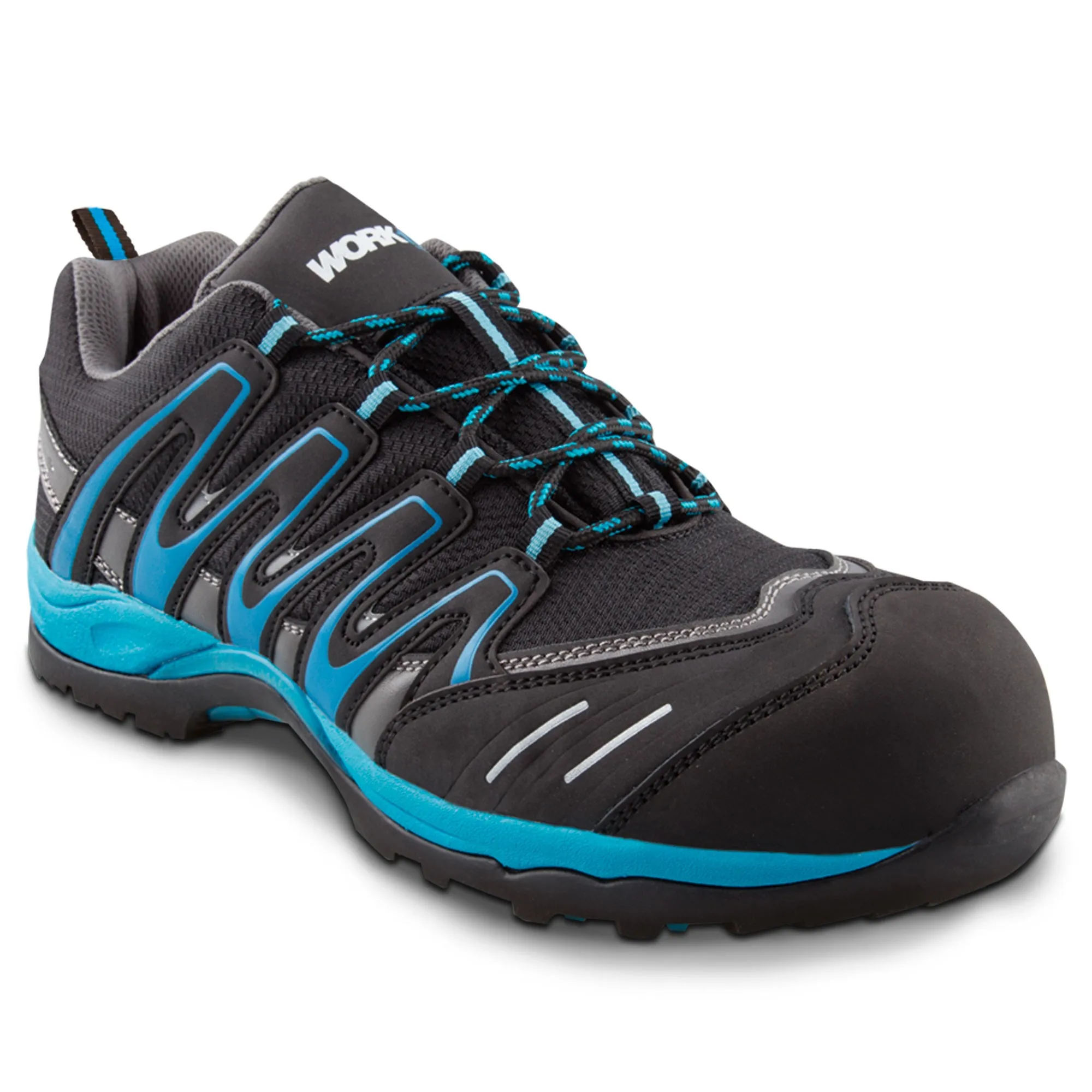 Zapato de seguridad ESD Workfit Trail negro y azul | Calzado laboral tipo zapatilla ligero y cómodo S1P SRC Profesional