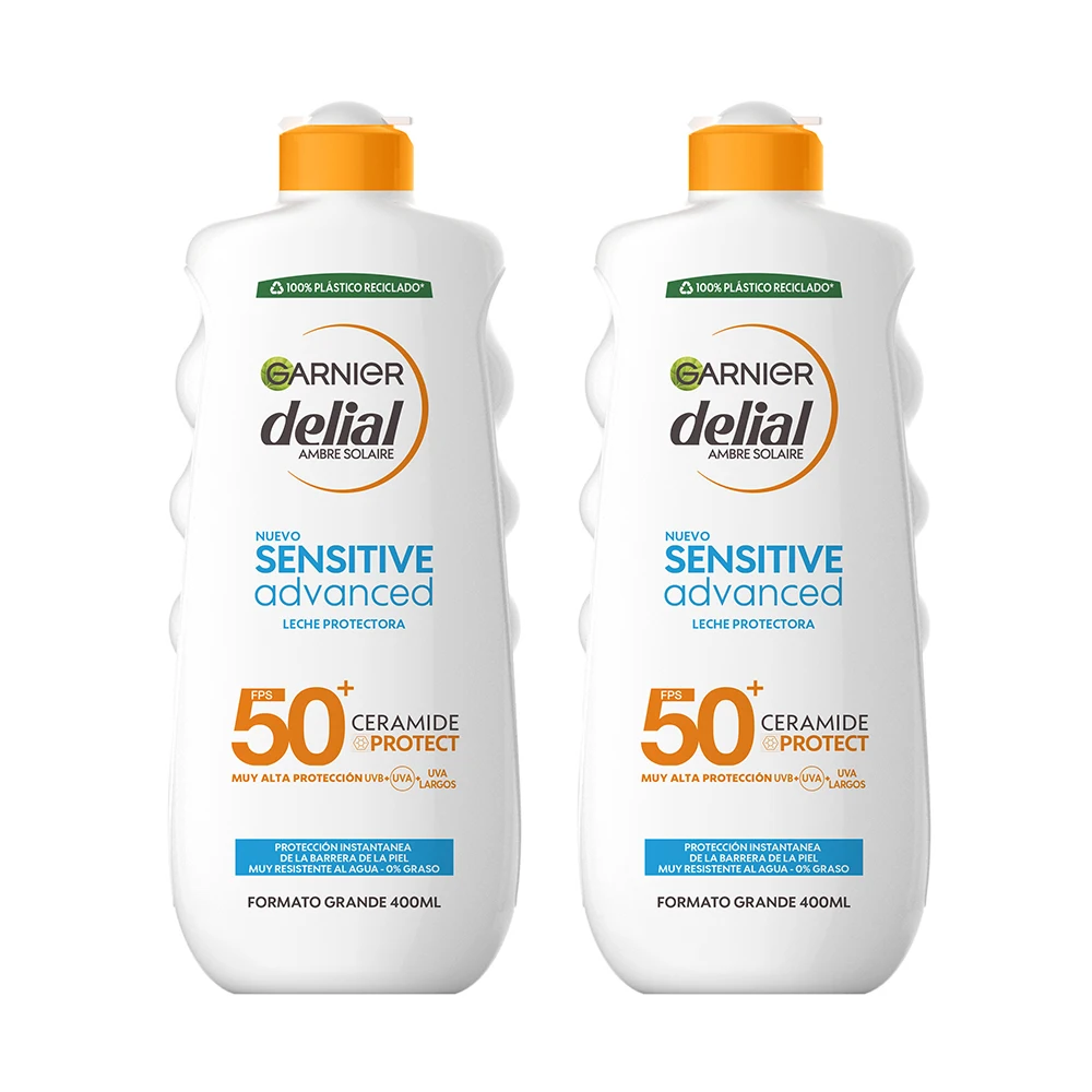 GARNIER | Delial Sensitive Advanced Leche Protectora Solar para pieles claras, sensibles e intolerantes al sol IP50+. Muy resistente al agua, 0% pegajoso, 0% graso - 2x400 ml.