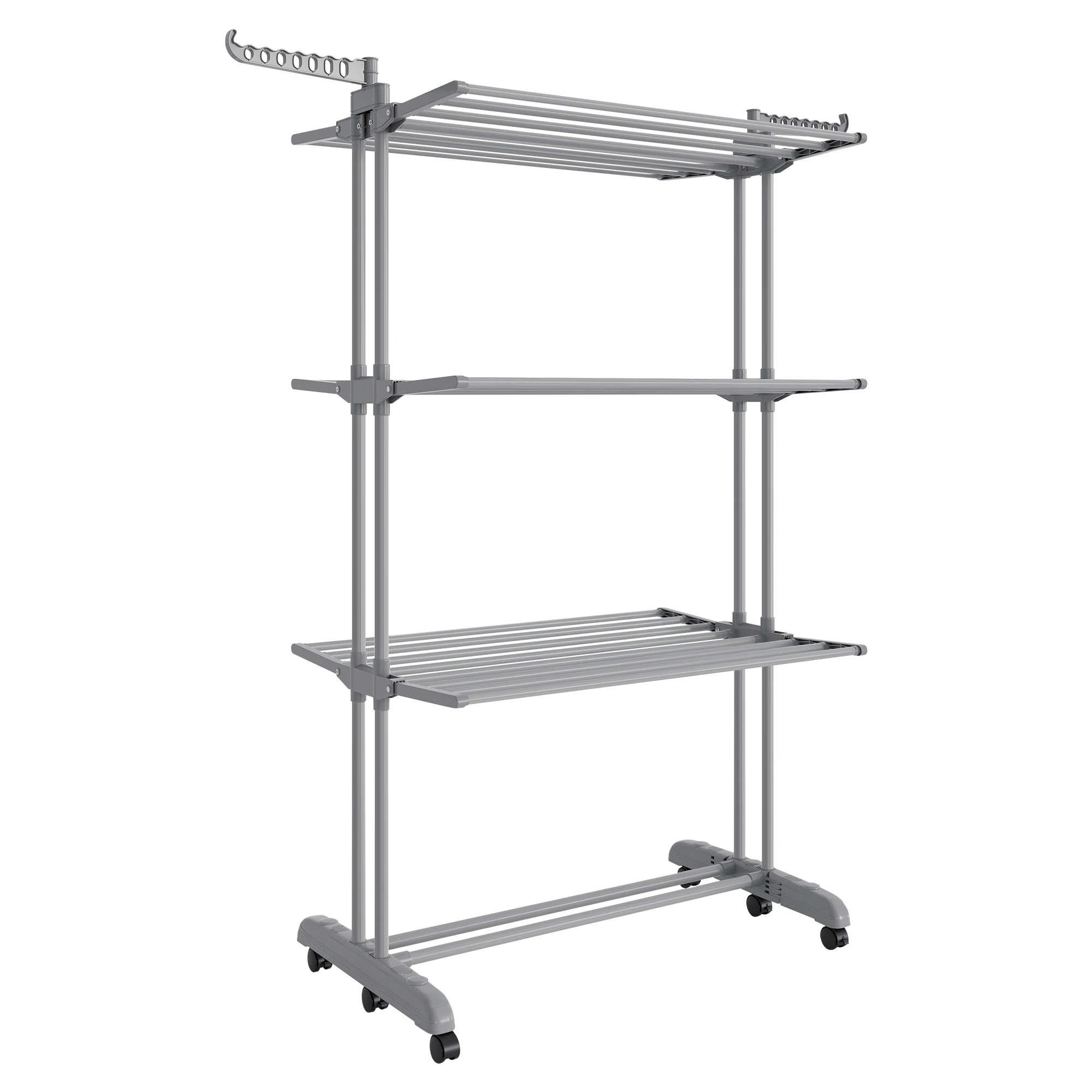 SONGMICS Tendedero, Tendedero Plegable de 4 Niveles, con Ruedas, Alas Plegables, 63,5 x 125,5 x 173 cm, Gran Capacidad, Montaje Fácil, Uso Interior y Exterior, Gris Paloma/Blanco Nude y Gris Paloma