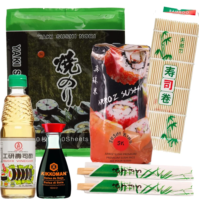 Asiamarket DIY standard Sushi making Kit, full Sushi Maker, 1 150ml Kikkoman soy sauce, 1kg Japanese rice, 1 300ml Sushi vinegar, 10 Nori sealace leaves, 1 Bambu mat, 5 pairs chopsticks